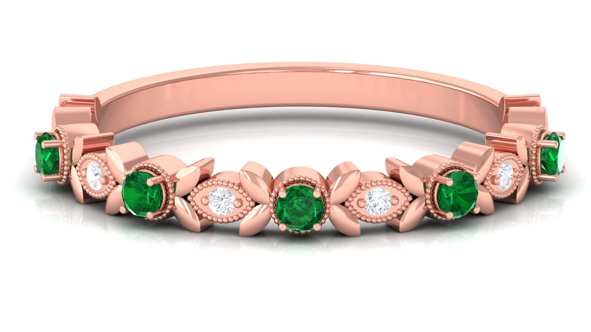 1/4 CT Emerald and Diamond Ring - 14K Solid Gold Half Eternity Band with Leaf Design | Perfect for Anniversary Gifts, Engagement Rings & Special Occasions