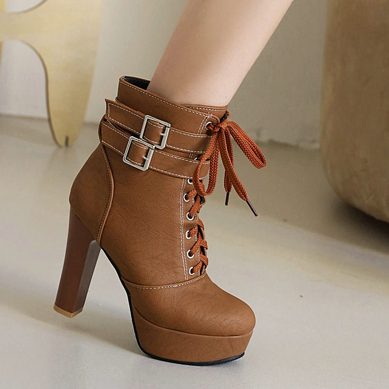 UniqueStride Women's Block High Heel Ankle Boots - Chunky Heel Platform Dress Boots with Buckle & Lace Up Closure for Office, Party & Night Out