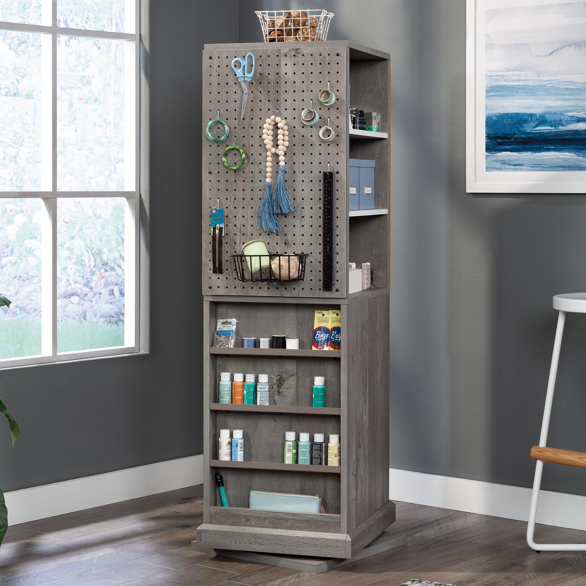 Sauder Craft Pro Series 360° Swivel Tower Storage Organizer - Mystic Oak Finish | Craft Supplies Organizer for Scrapbooking, Sewing & DIY Projects | Perfect for Craft Rooms & Home Offices