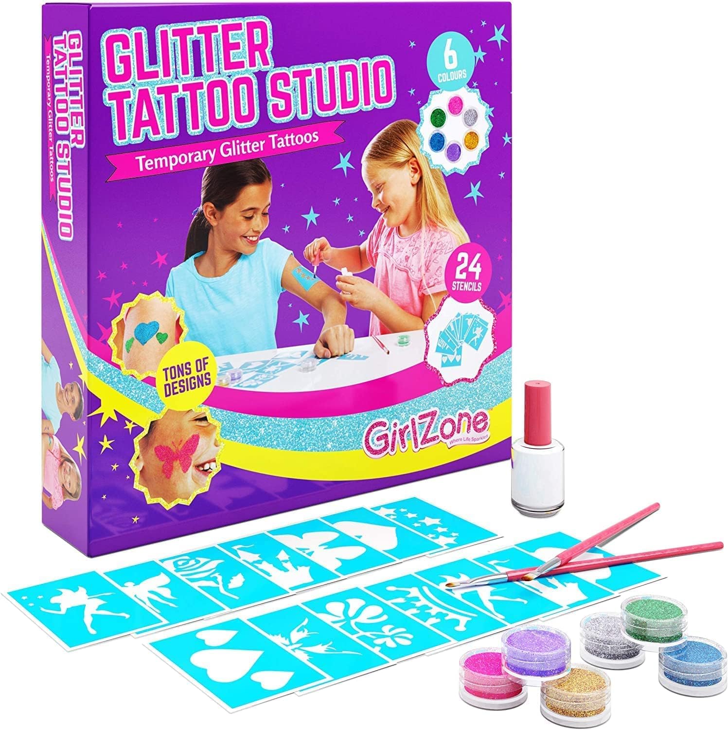 GirlZone 33-Piece Glitter Tattoo Kit for Kids - Non-Toxic & Skin-Friendly Temporary Tattoo Set with 24 Stencil Designs, 6 Cosmetic Glitters, 2 Brushes & Adhesive - Perfect for Birthday Parties, Halloween, Valentine's Day & Easter Gifts