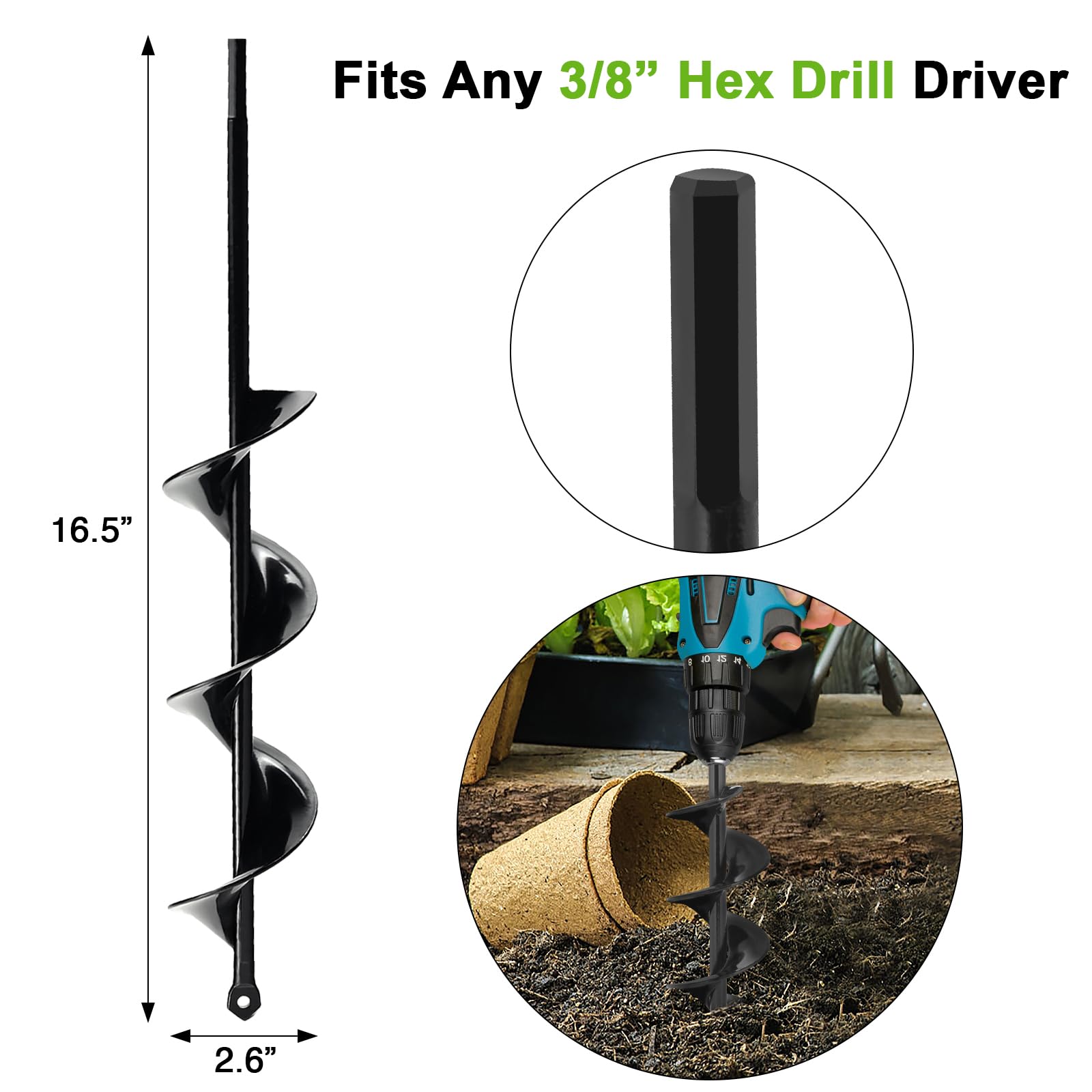 2.6 x 16.5 Inch Auger Drill Bit for Planting - Garden Spiral Drill Bit for 3/8