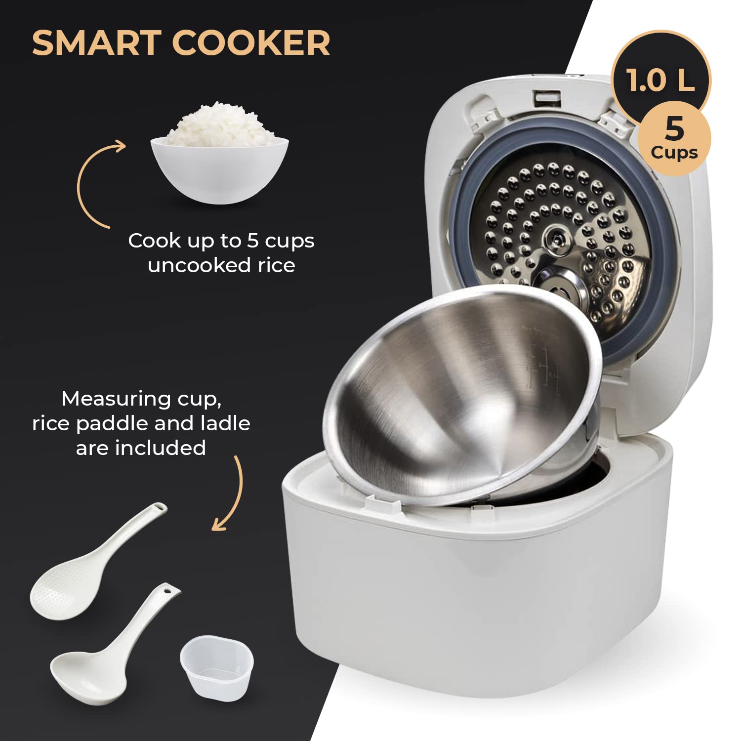 Buffalo SMART COOKER IH Rice Cooker & Warmer - 1L (5 Cups) Non-Stick Inner Pot, Multi-Function, Energy Efficient, White | Perfect for Small Families, Dorms & Office Use