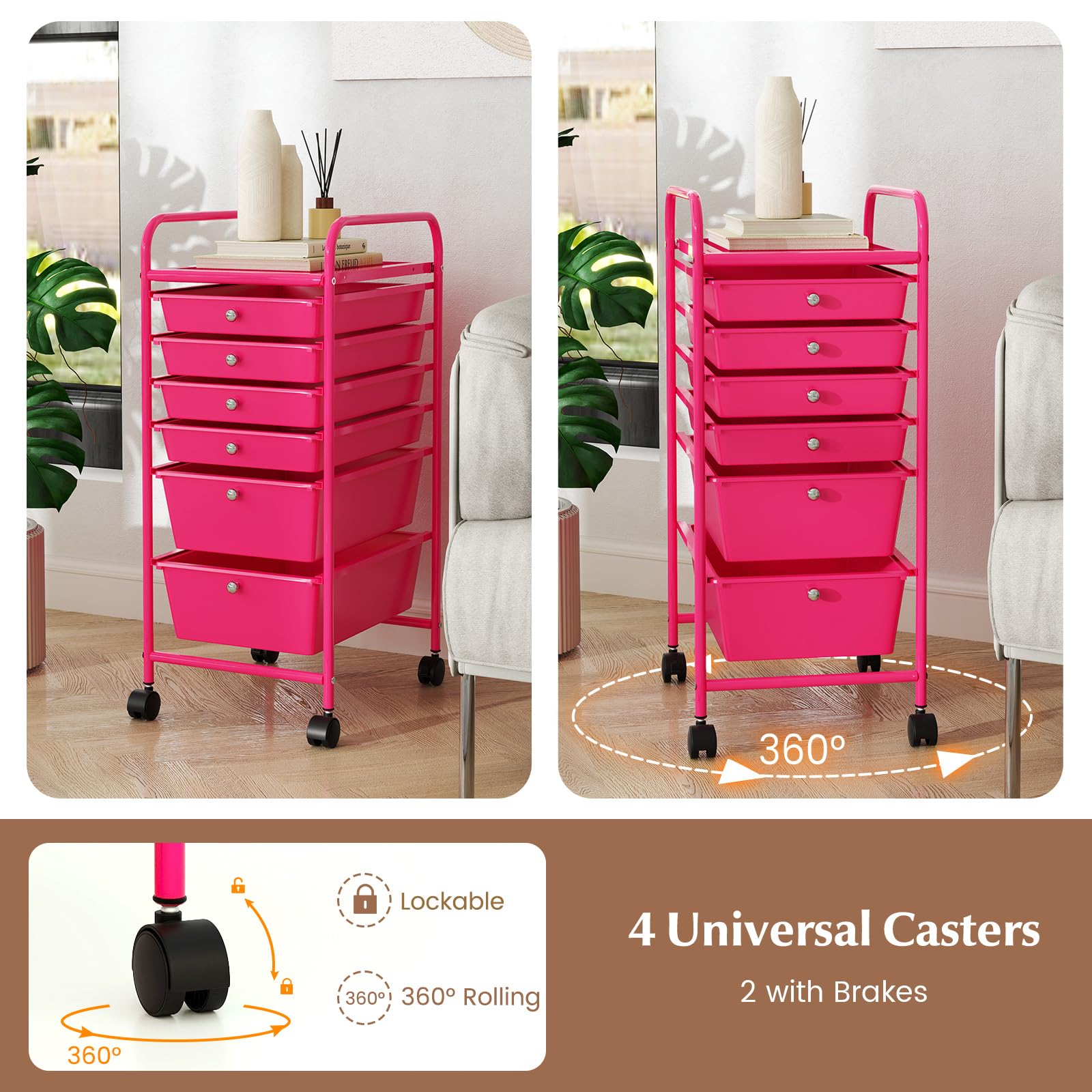 RELAX4LIFE 6-Drawer Rolling Storage Cart with Removable Plastic Bins - Mobile Organizer for Classroom, Home Office & Craft Supplies | Portable Utility Cart for School, Art Projects & Office Organization (Pink)
