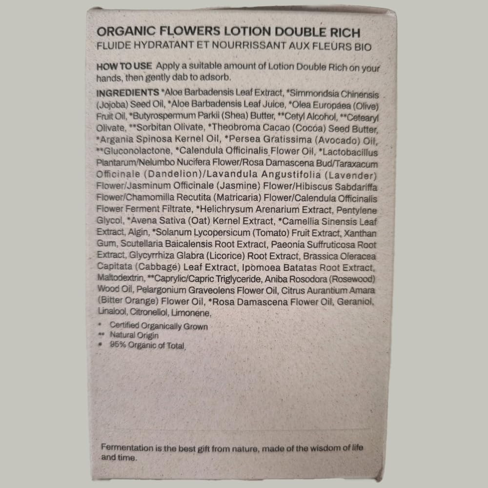 Whamisa Organic Flowers Double Rich Lotion - 95.2% Organic, Waterless Formula, Fermented Postbiotic for Deep Hydration & Soothing, Moisturizing Face & Body (200ml) - Perfect for Dry Skin & Sensitive Skin Care Routine