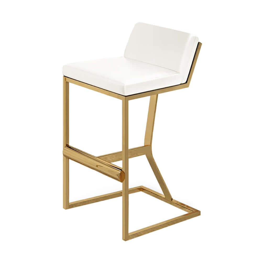 White PU Leather Bar Stool with Gold Legs & Footrest - Modern Counter Height Stool for Kitchen Island, Breakfast Bar & Home Decor