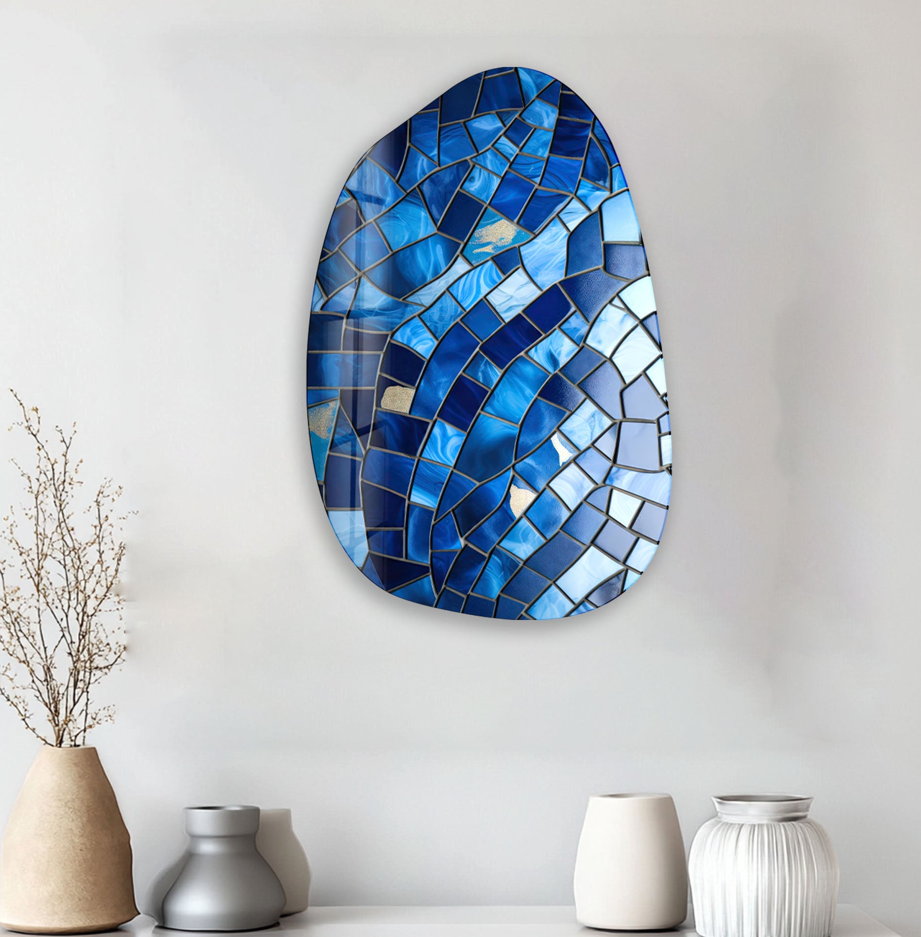 Handmade Blue Ceramic Tiles with Irregular Glass Mosaic - Modern Wall Art Decor for Bathroom, Kitchen Backsplash & Living Room Accent
