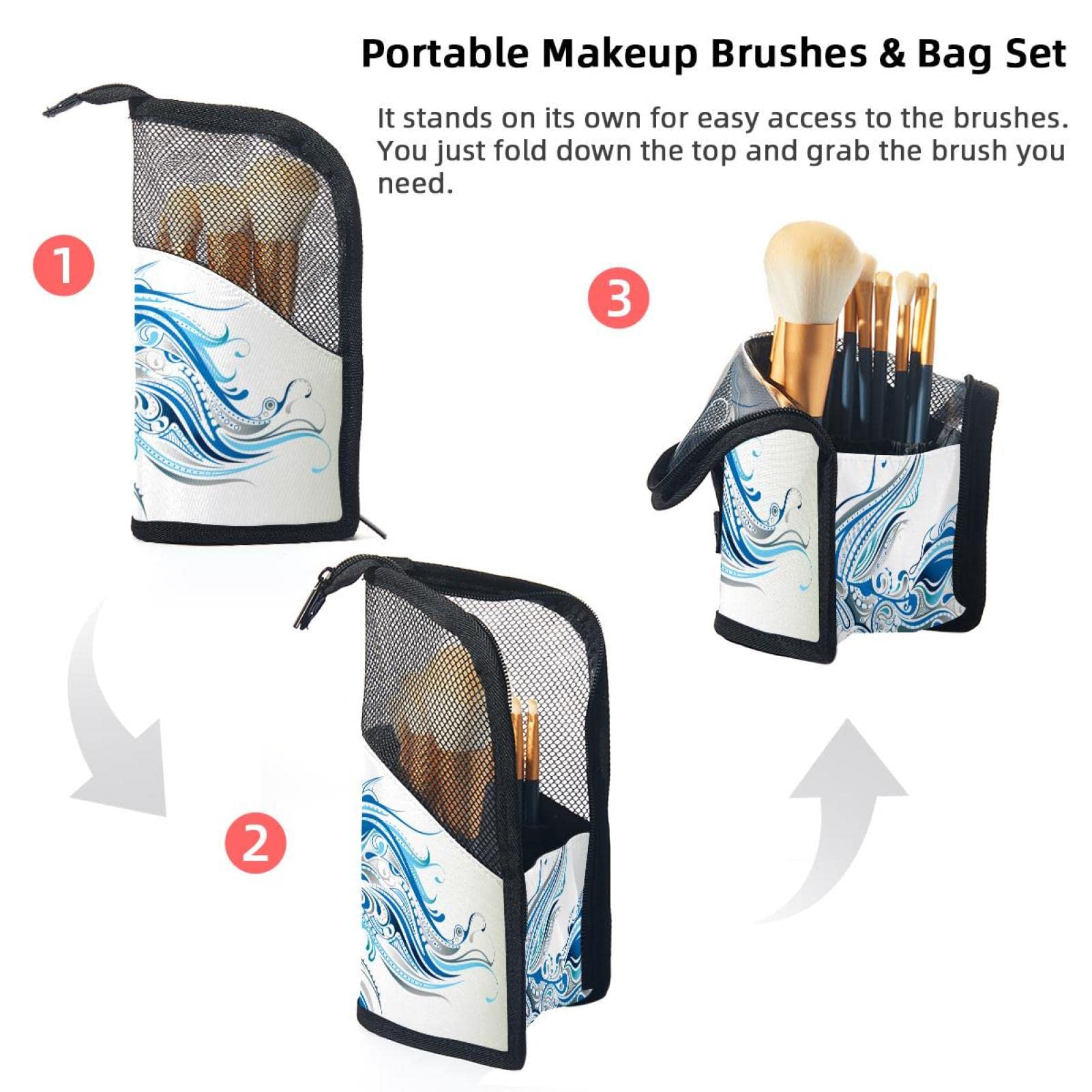 Premium Makeup Brush Organizer Bag with 12 Brushes - Blue Goldfish Print Cosmetic Brush Holder Case for Travel & Home Storage | Portable Makeup Brush Storage Solution for Artists & Professionals