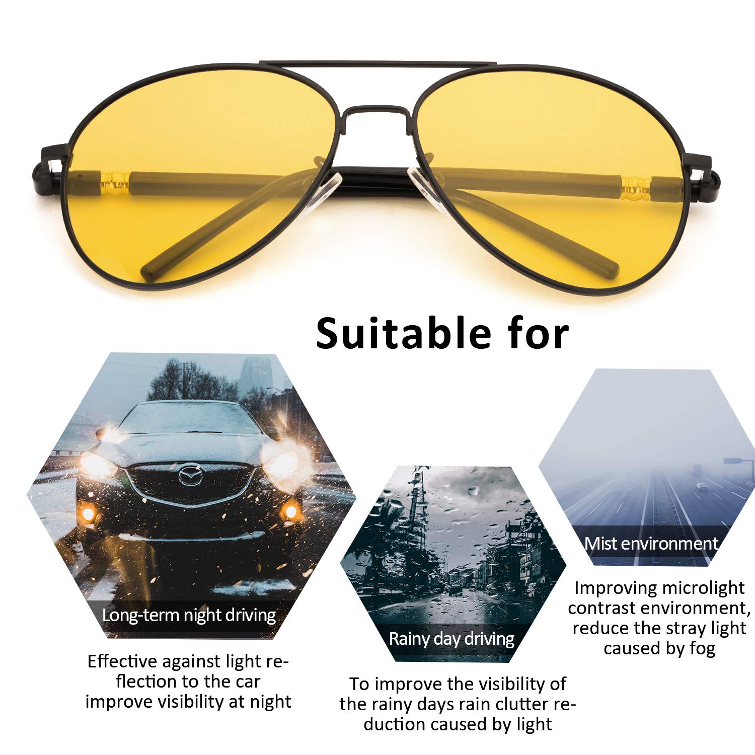 Night Vision Glasses for Men & Women - Anti Glare Polarized Yellow Lens for Night Driving, Cycling & Outdoor Activities - Perfect for Low Light Conditions & Enhanced Nighttime Visibility