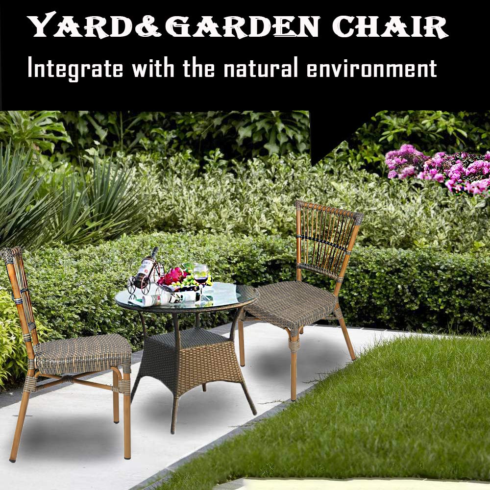 2 Pack Wicker Dining Side Chairs - Armless Patio Bistro Chairs with Sturdy Aluminum Frame for Indoor & Outdoor Use - Perfect for French Cafe, Garden, Balcony, and Backyard Decor (Brown)