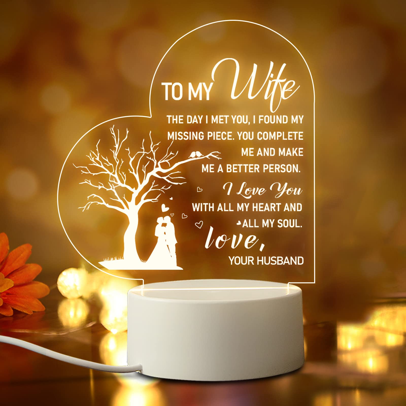 Personalized Heart Night Light for Wife - Romantic Birthday, Anniversary & Mother's Day Gift from Husband - Bedside Lamp for Home Decor & Relaxation