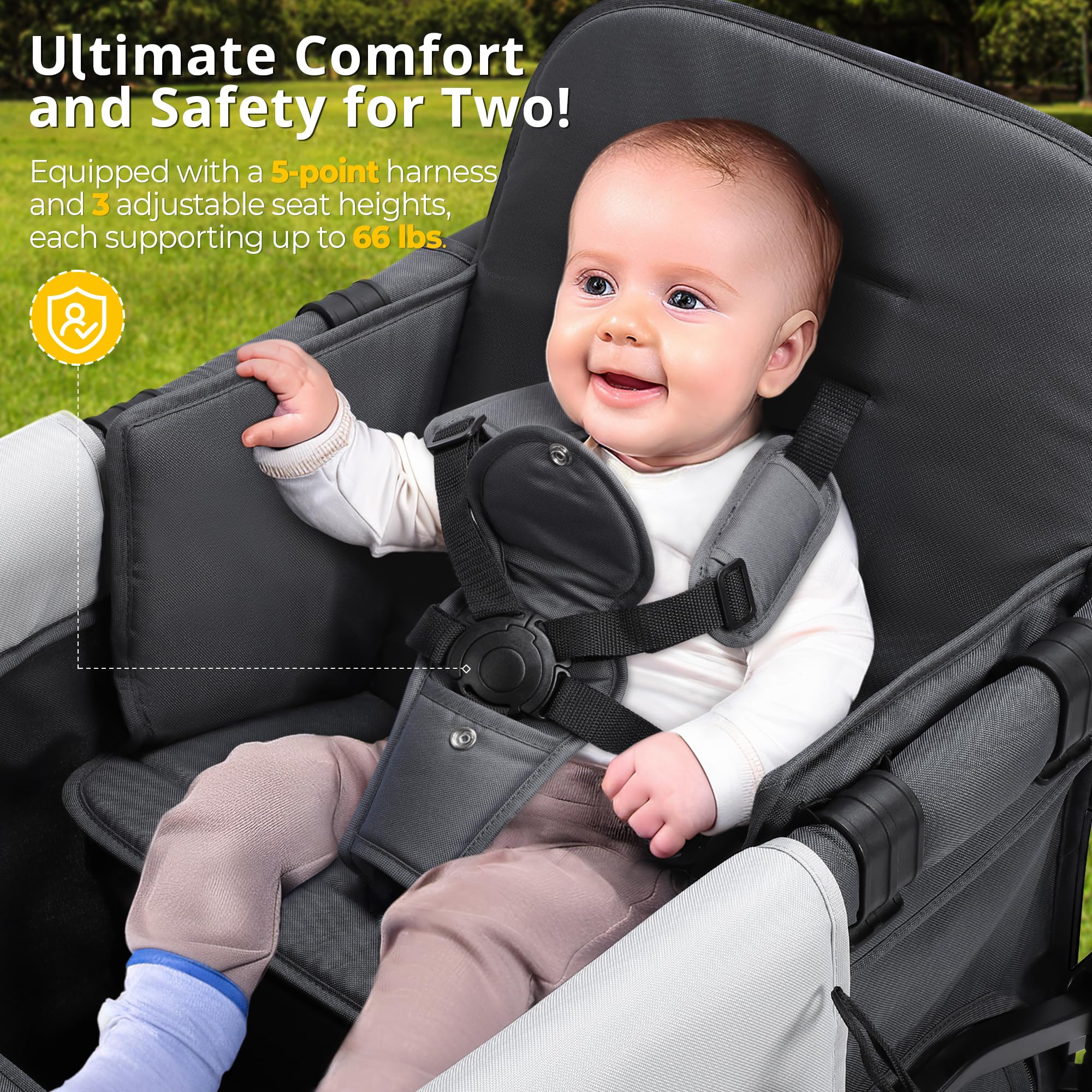 Foldable Wagon Stroller for 2 Kids - Double Seat Baby Stroller with Canopy, Adjustable Handle & Pull Bar - Compact Design for Toddlers & Infants - Perfect for Beach, Park, Zoo & Outdoor Adventures (Space Grey)