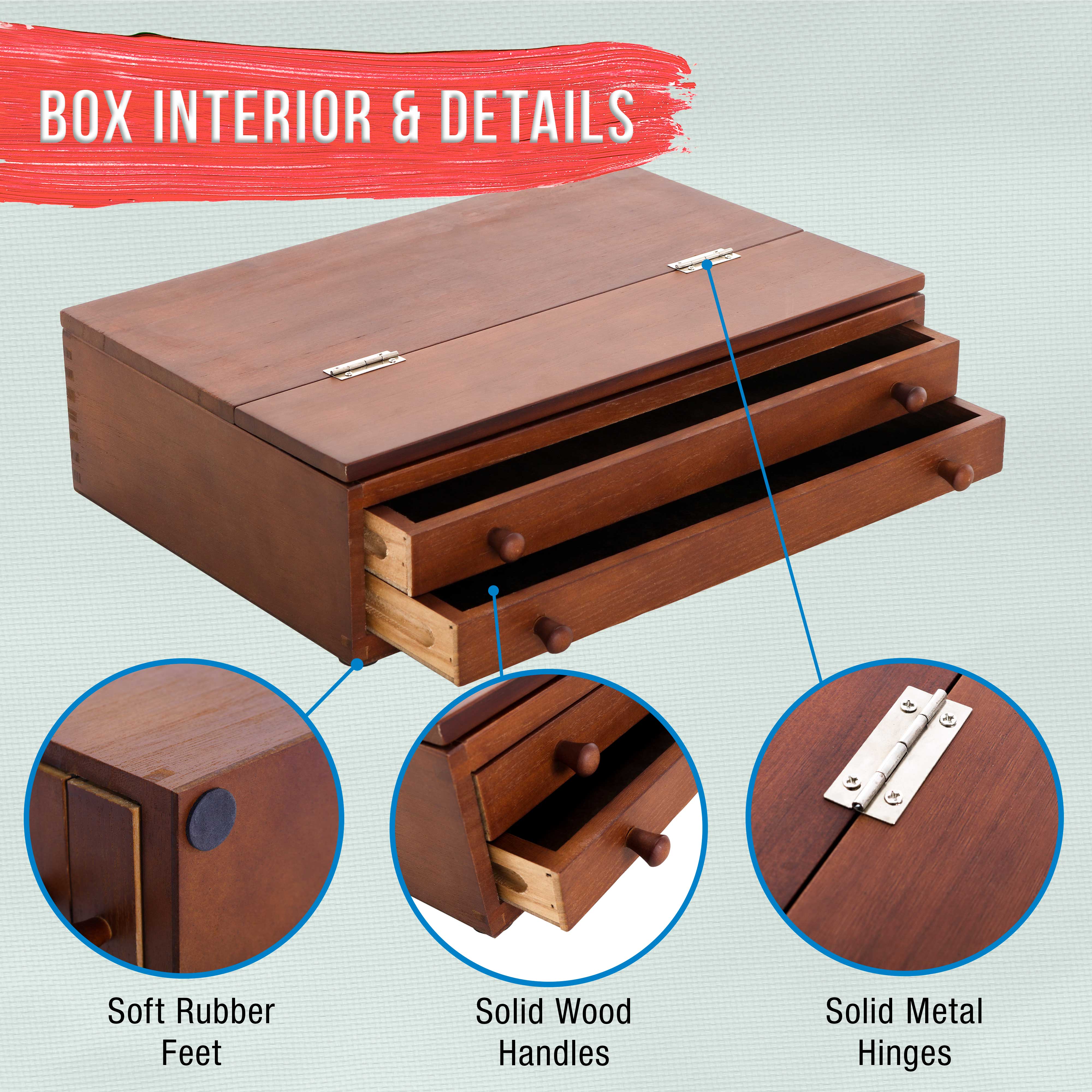 Premium Walnut 2-Drawer Wooden Art Storage Box with Adjustable Drawing Easel - Handcrafted Beechwood, Secure Metal Clasps - Perfect for Artists, Sketching & Art Supply Organization - Home Studio & Classroom Use