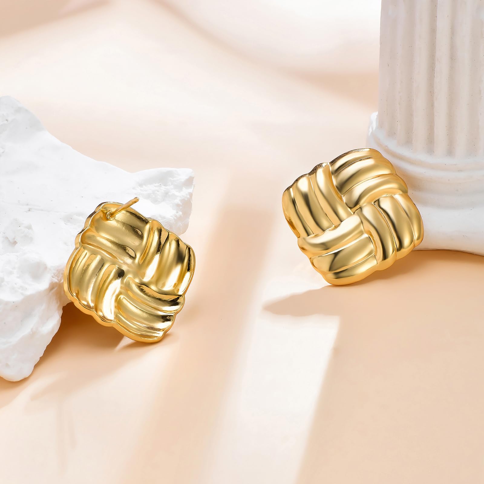 Chunky Gold Square Earrings for Women - Vintage Geometric Stud Earrings, Big Statement Jewelry in Stainless Steel - Perfect for Parties, Weddings & Everyday Fashion