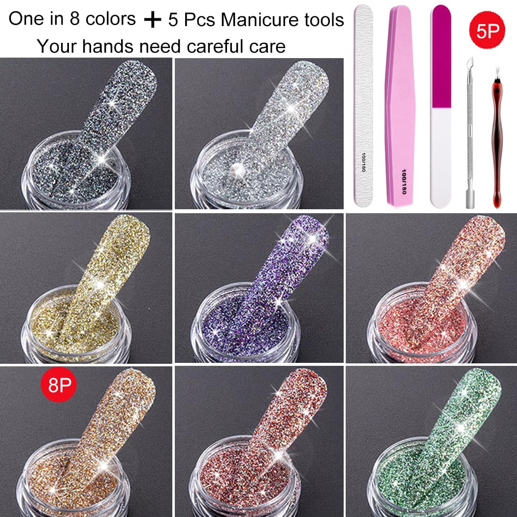 8 Colors Sparkling Crystal Diamond Nail Powder Set with 5-Piece Nail Art Tools - Stainless Steel Dual End Pusher, Nail File Buffer & Glitter Pigment Powder for Professional Manicure & Pedicure | DIY Nail Design, Salon Quality, Home & Professional Use