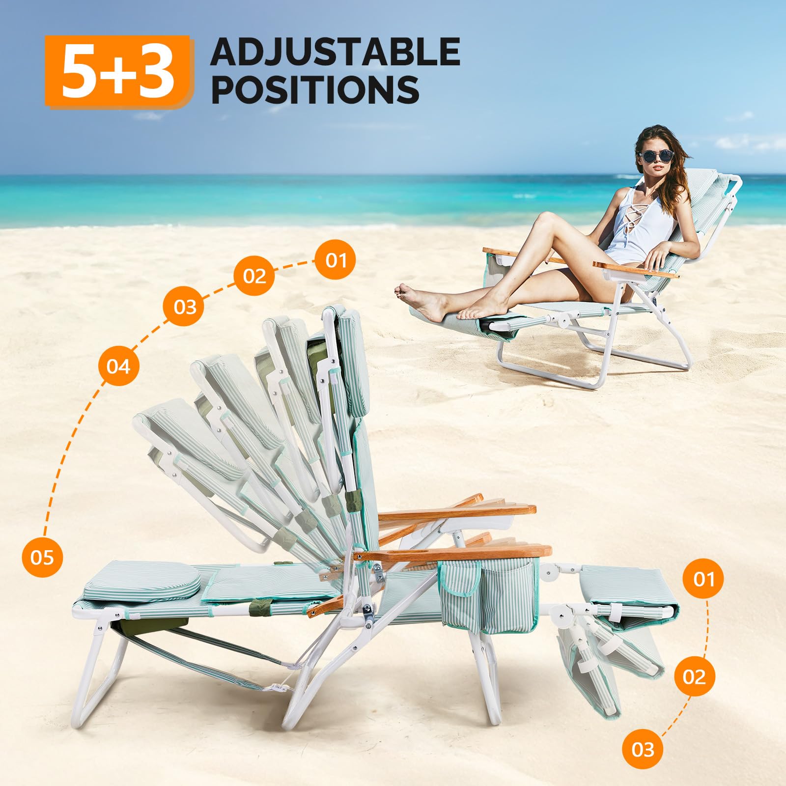 VINGLI Deluxe 3-in-1 Beach Chair with Face Hole - Portable Reclining Lounge Chair with Footrest, Cup Holder & Storage Bag - Perfect for Beach, Poolside, Camping & Backyard Relaxation