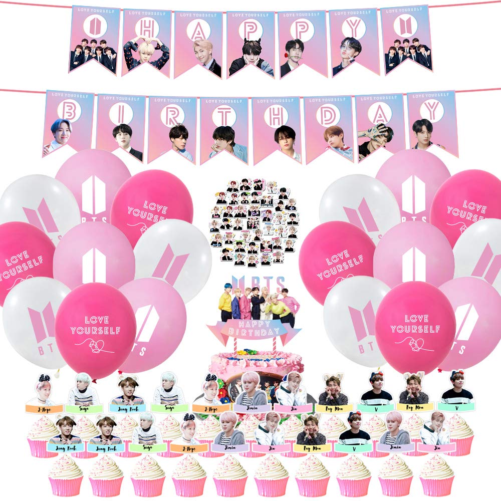 BTS Birthday Party Decorations Kit - 22 Cake Toppers, 1 Happy Birthday Banner, 21 Balloons & 40 Stickers for K-Pop Themed Celebrations, Baby Showers & Special Events