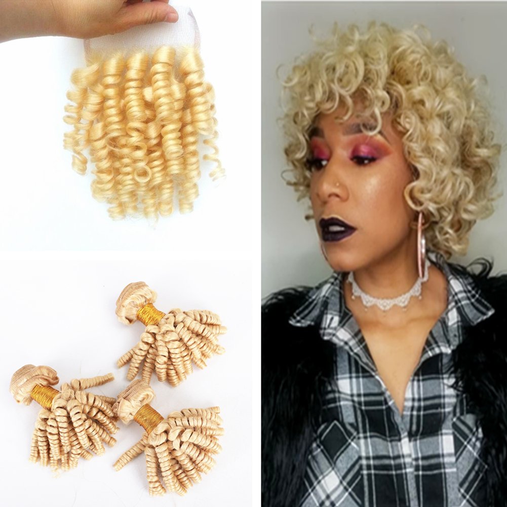613 Blonde Bleach Human Hair Bundles with 4x4 Lace Closure - 3 Bundles & 1 Closure Set (14/16/18+12 Inch) - Romance Curl 3B/4A Virgin Hair Extensions for Weaving | Perfect for Parties, Weddings & Daily Styling