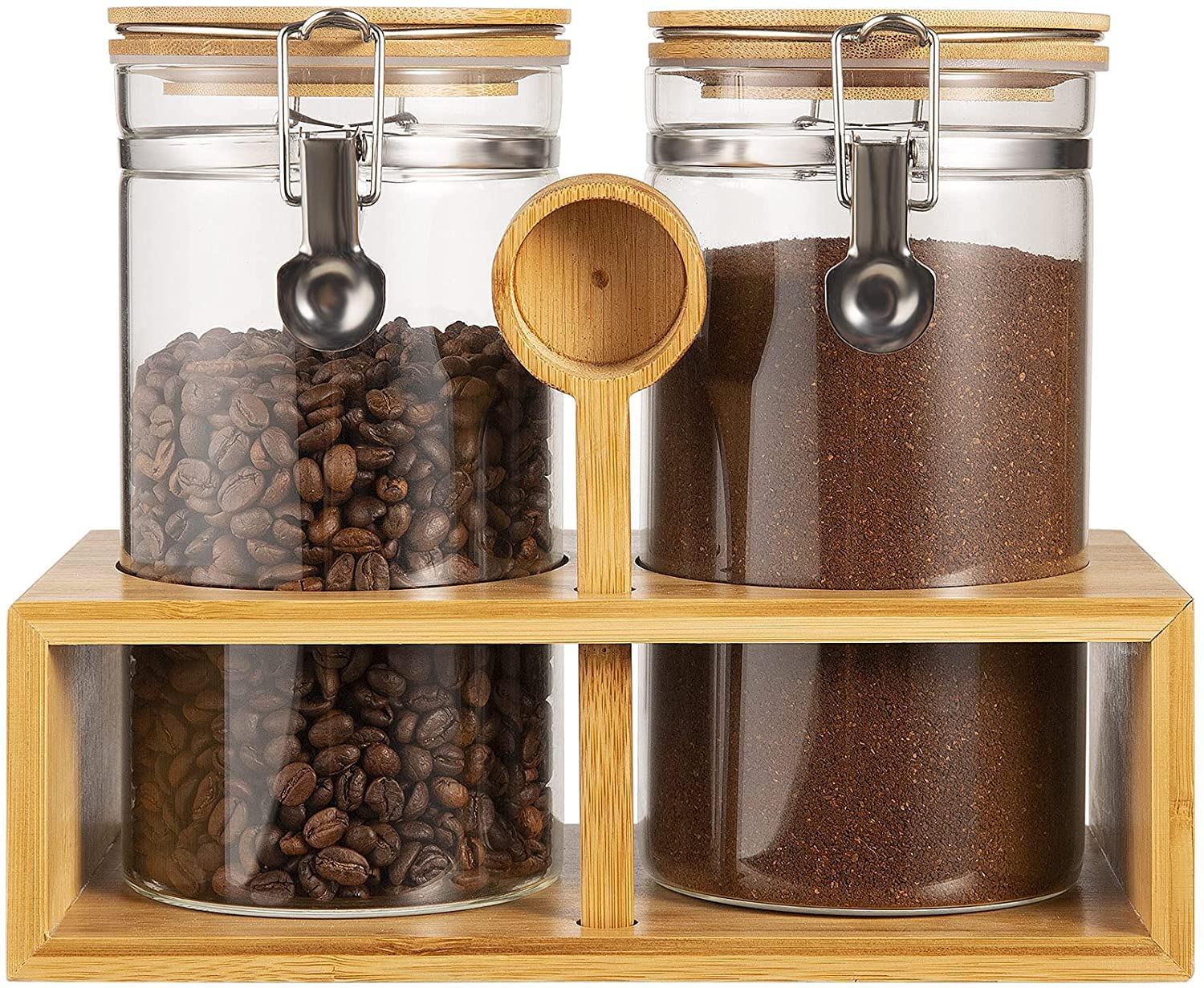 Yangbaga 45OZ Glass Coffee Canister Set of 2 - Airtight Ground Coffee Storage Containers with Scoop for Kitchen, Coffee Bar & Pantry Organization - Perfect for Coffee Station Decor & Food Storage