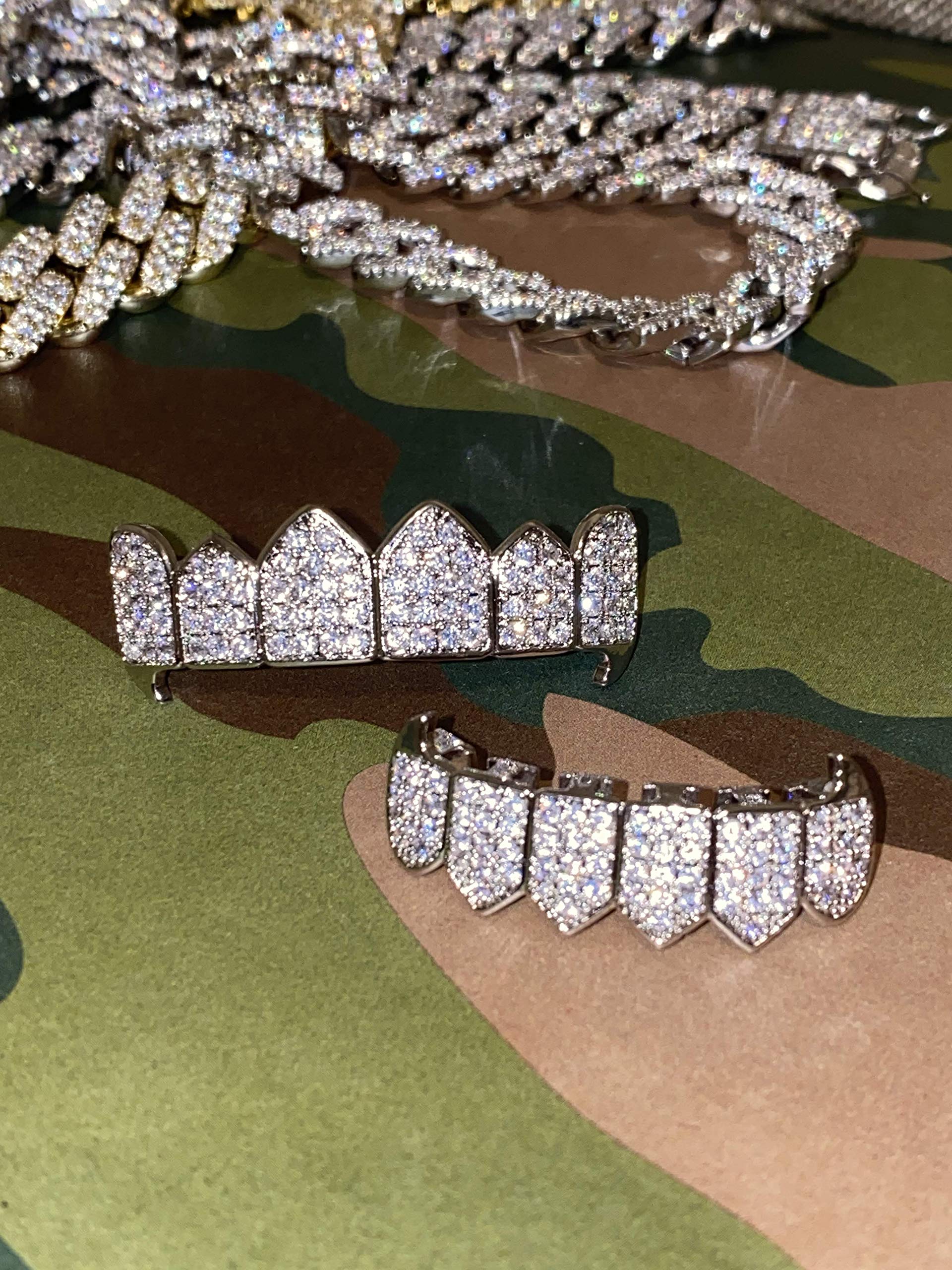 Joker White Gold Hip Hop Grillz Set - Top & Bottom Teeth Grillz with Iced Out Design - Perfect for Rappers, Performers & Hip Hop Fashion Enthusiasts - Great for Concerts, Music Videos & Streetwear Style