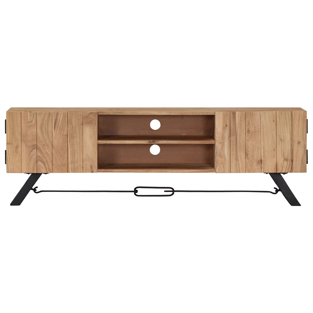 Solid Acacia Wood TV Stand with Doors & Storage Compartments - Handcrafted Rustic TV Cabinet for Living Room, Bedroom - Polished Lacquered Multimedia Entertainment Center for Flat Screen TVs