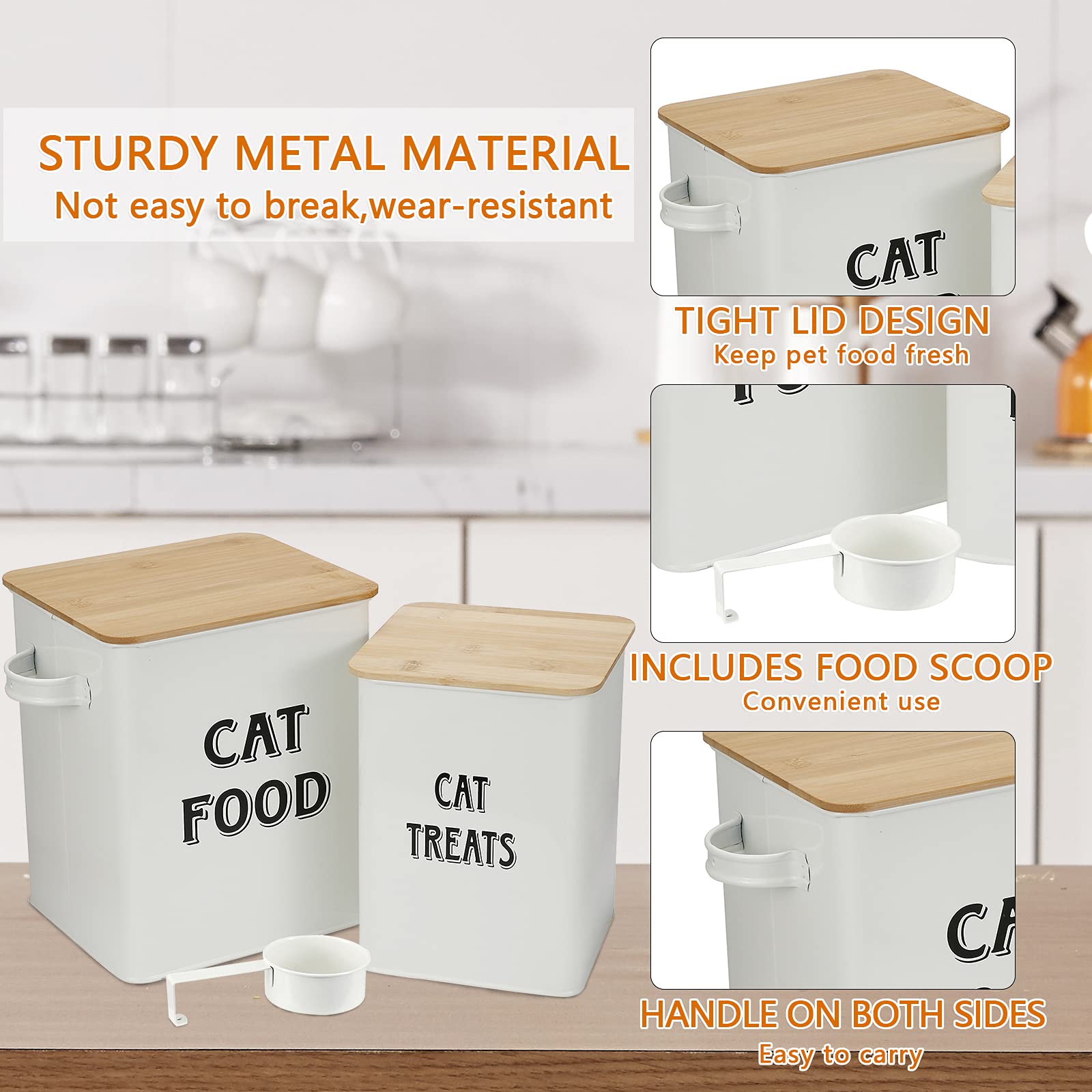 Premium Cat Food and Treat Storage Containers with Scoop - Airtight Wood Lids, Durable Coated Carbon Steel Canisters for Fresh Pet Food - Perfect for Kitchen Pantry Organization (White)
