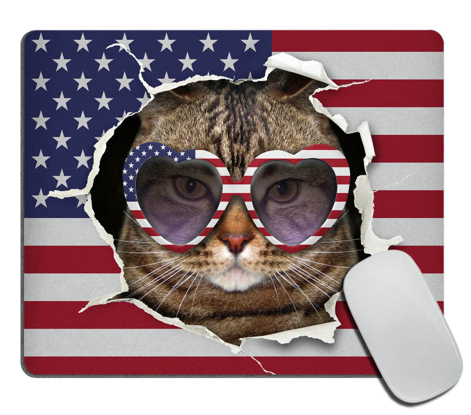 Funny Cat in USA Flag Mouse Pad - Washable Non-Slip Rubber Base Square Cloth Mousepad for Office Laptop & Wireless Mouse - Perfect for Home, Office & Gaming Desks