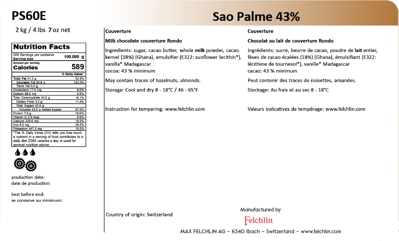Premium Felchlin Sao Palme 43% Milk Couverture Chocolate - 4.4 lb Bulk Baking Chocolate for Desserts, Pastries & Professional Confectionery - Perfect for Chocolate Truffles, Cake Decorating & Gourmet Recipes