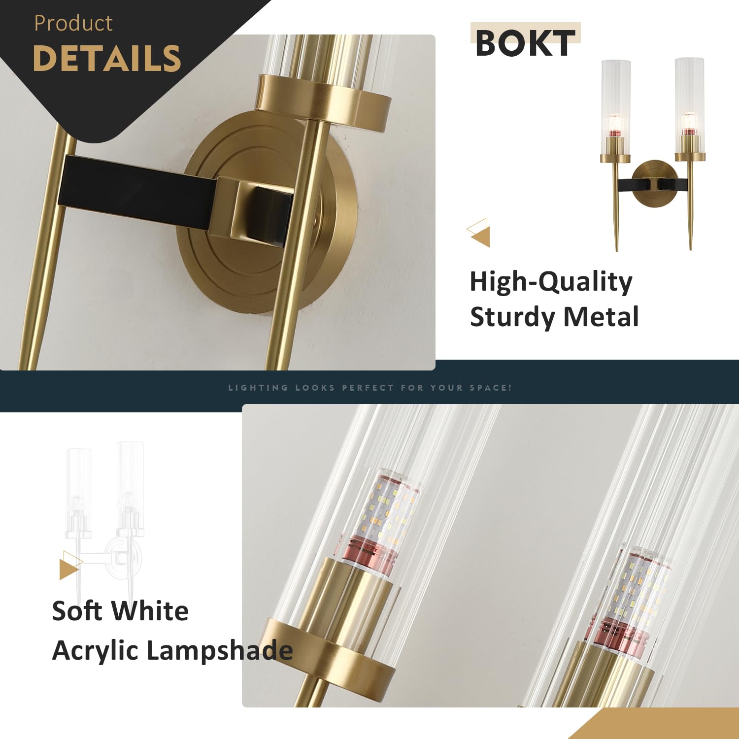 BOKT Mid-Century Modern 2-Light Crystal Wall Sconce - Brushed Brass Gold Finish, Clear Cylinder Glass Shade - Perfect for Bedroom, Hallway & Living Room Lighting