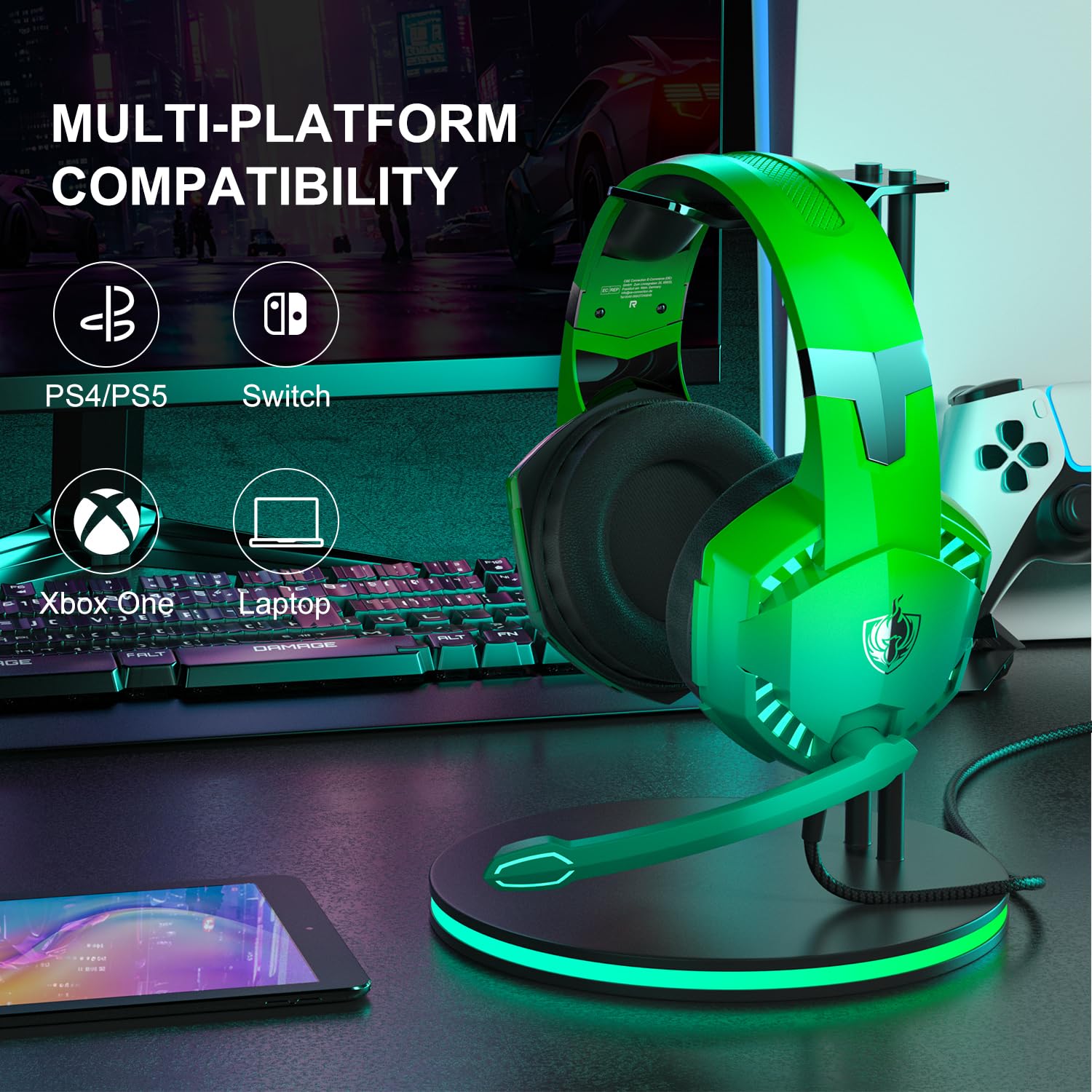 PHOINIKAS Gaming Headset with Noise Cancelling Mic - Compatible with PC, PS4, PS5, Nintendo Switch - Dazzle Green Stereo Headphones for Immersive Gaming & Online Chat