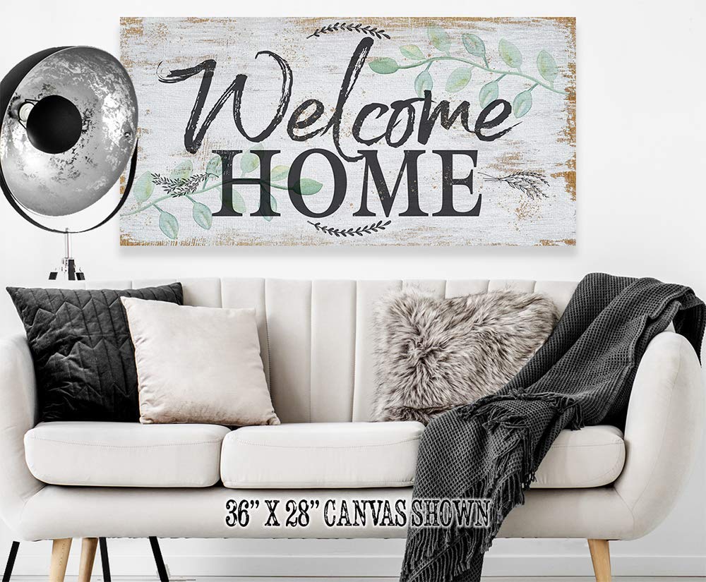 Welcome Home Sign - Farmhouse Decor, Entryway Family Sign, Wood Style Stretched Canvas Print 12x24 - Perfect Housewarming Gift for New Home, Wall Decor for Living Room, Bedroom & Front Door