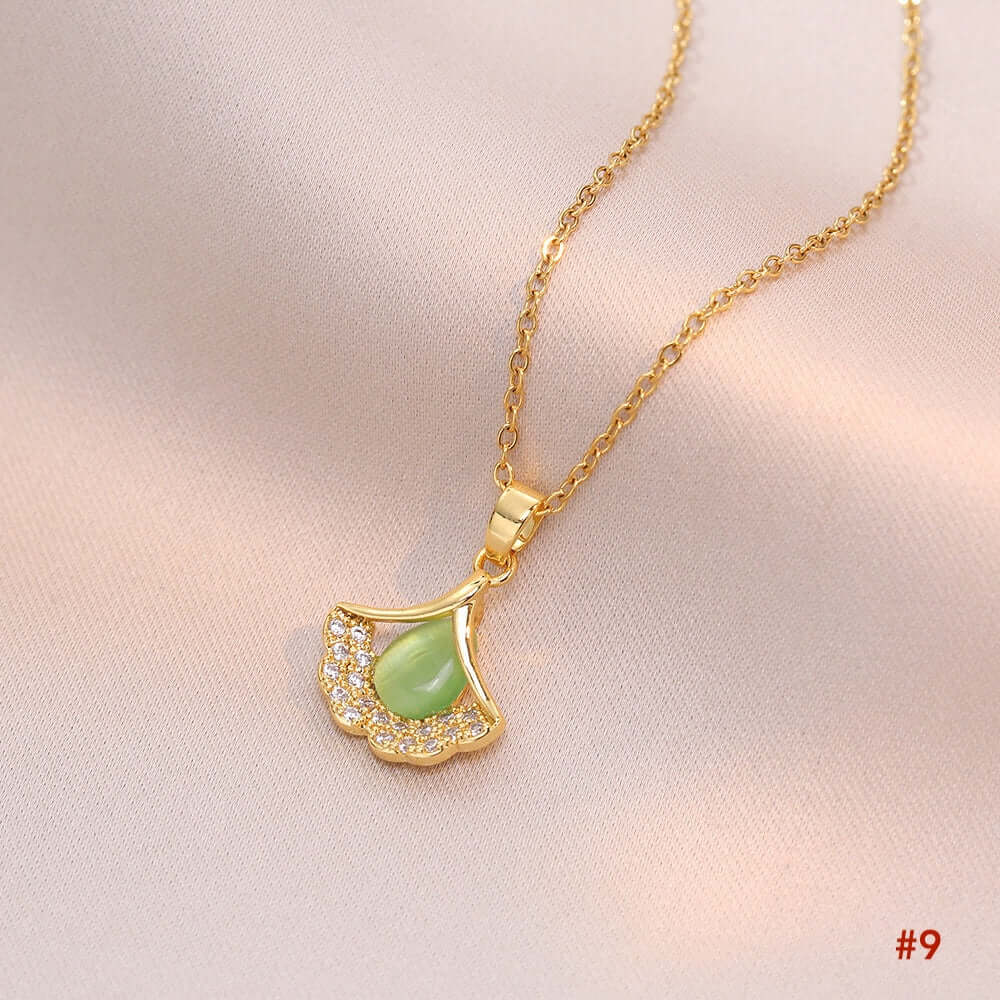 Elegant Titanium Minimalist Cat's Eye Stone Ginkgo Leaf Pendant Necklace for Women | A8241 | Perfect for Daily Wear, Office, Parties & Special Occasions