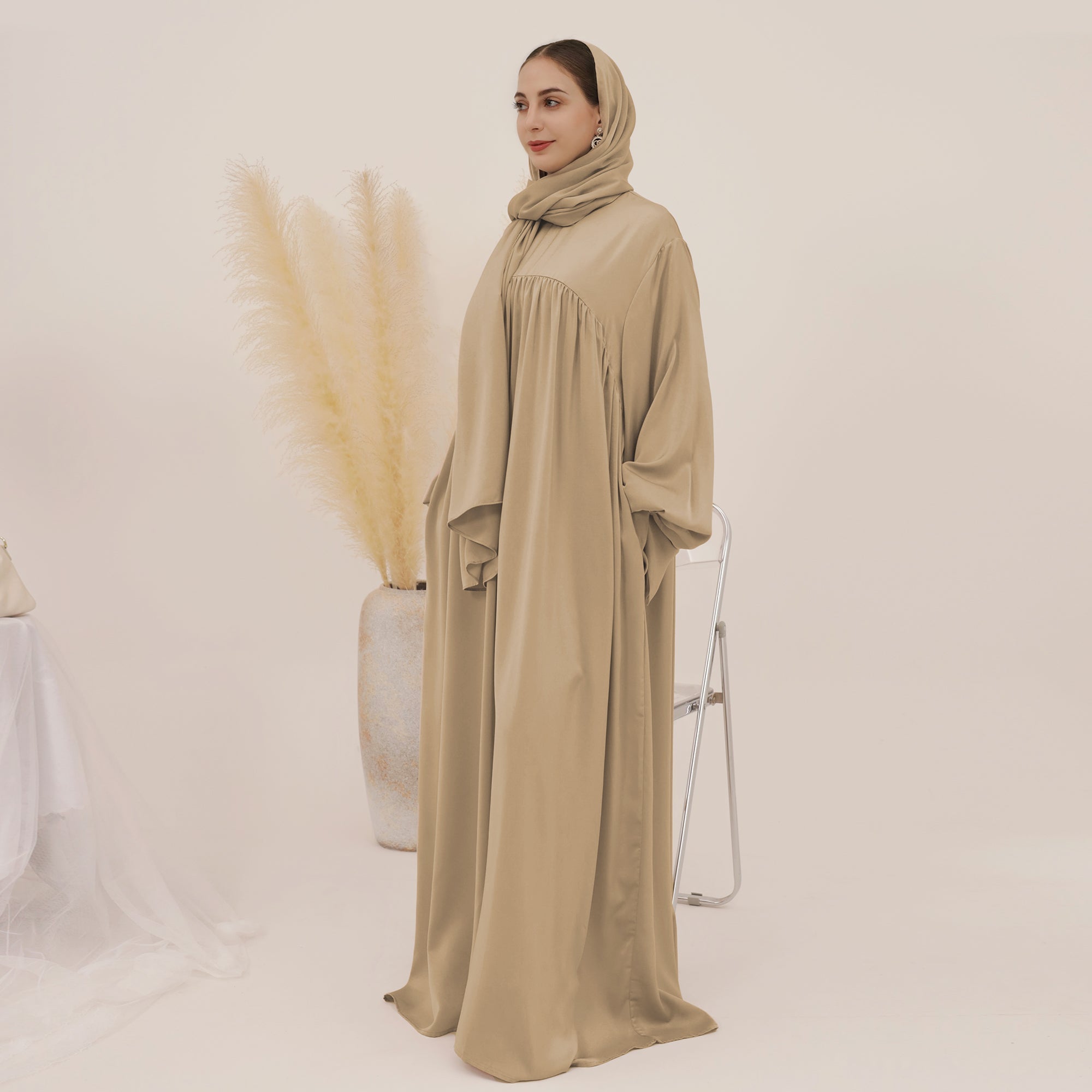 Amelia Satin Abaya Set - Elegant Champagne Color Muslim Prayer Dress for Women | Perfect for Eid, Ramadan & Special Occasions