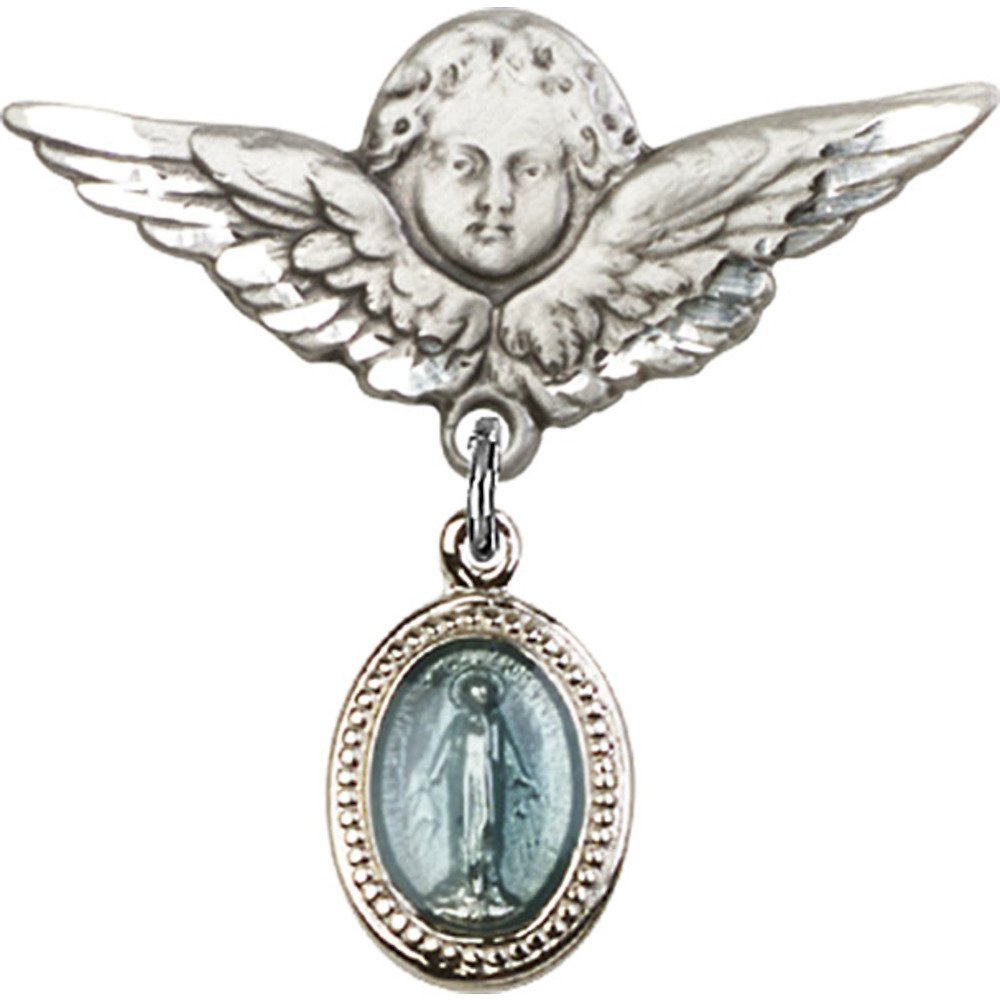 Sterling Silver Baby Badge with Blue Miraculous Charm & Angel Wing Pin - 1 1/8 X 1 1/8 Inches - Perfect for Christening, Baptism & Baby Shower Gifts