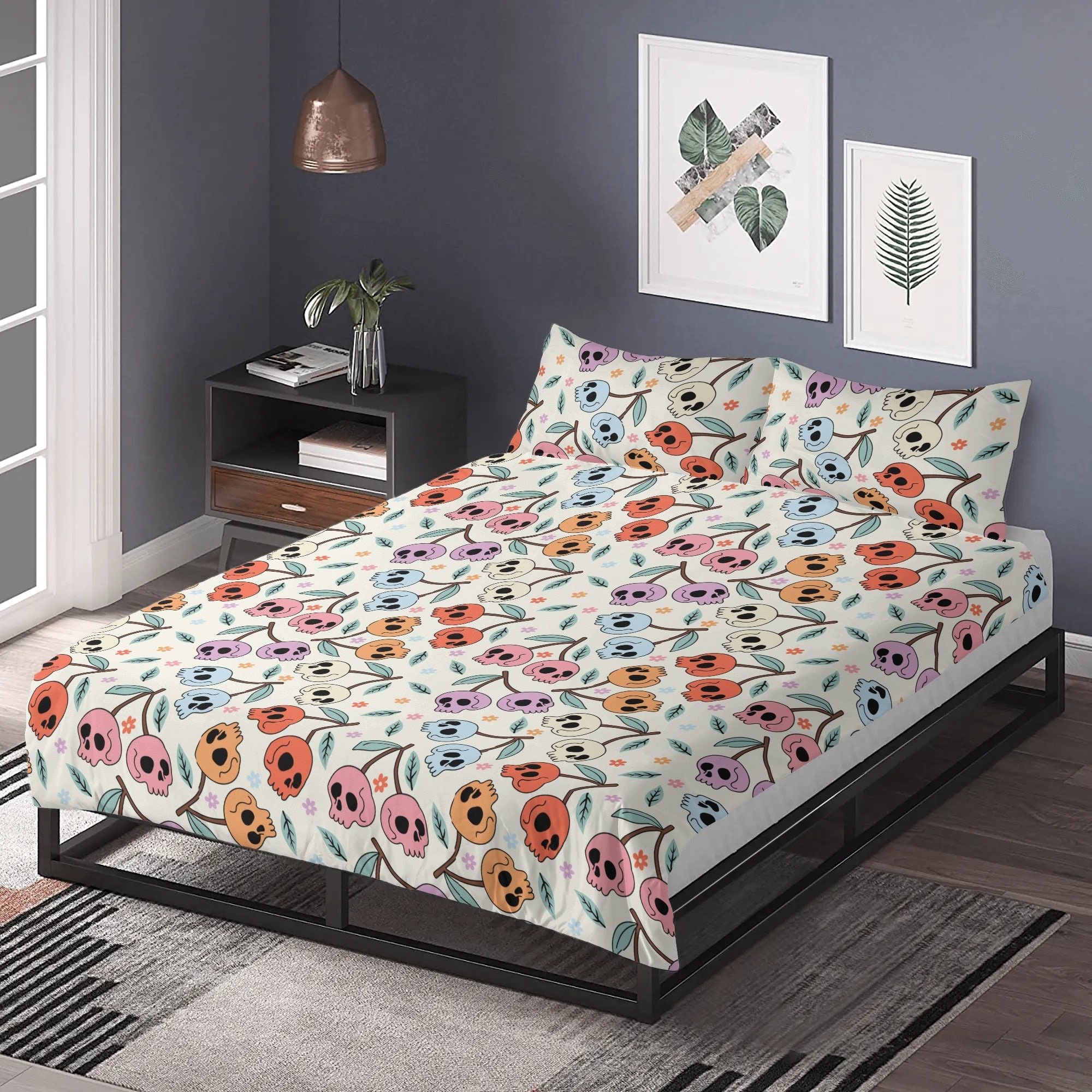 Vibrant Cherry Red Skull Print Bedding Set - 3 Piece Duvet Cover & Pillowcases for Gothic & Punk Decor - Perfect for Teen Bedrooms, Halloween, and Themed Parties