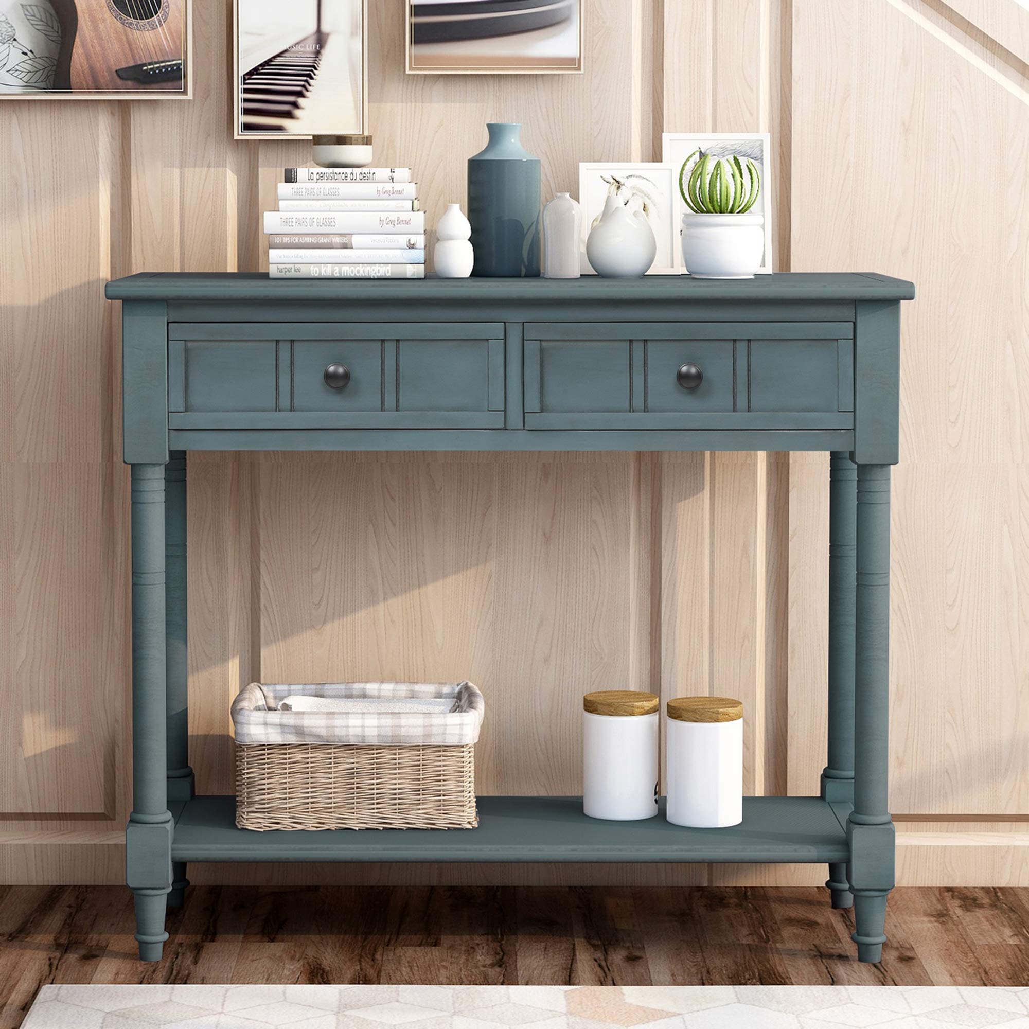 P PURLOVE Wooden Sofa Table with 2 Storage Drawers - Entryway Console Table for Living Room, Hallway & Bedroom - Navy Blue Modern Side Table with Bottom Shelf for Home Decor