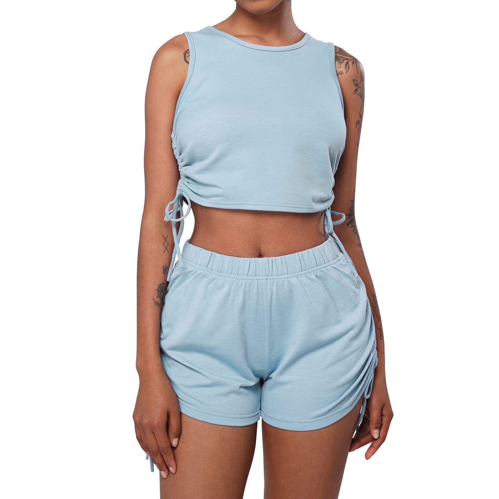 Women's Summer & Fall Two-Piece Outfit - Paperbag Pleated Tank Top & Shorts Set | Trendy Casual Wear for Women | Perfect for Beach, Vacation, and Everyday Outfits