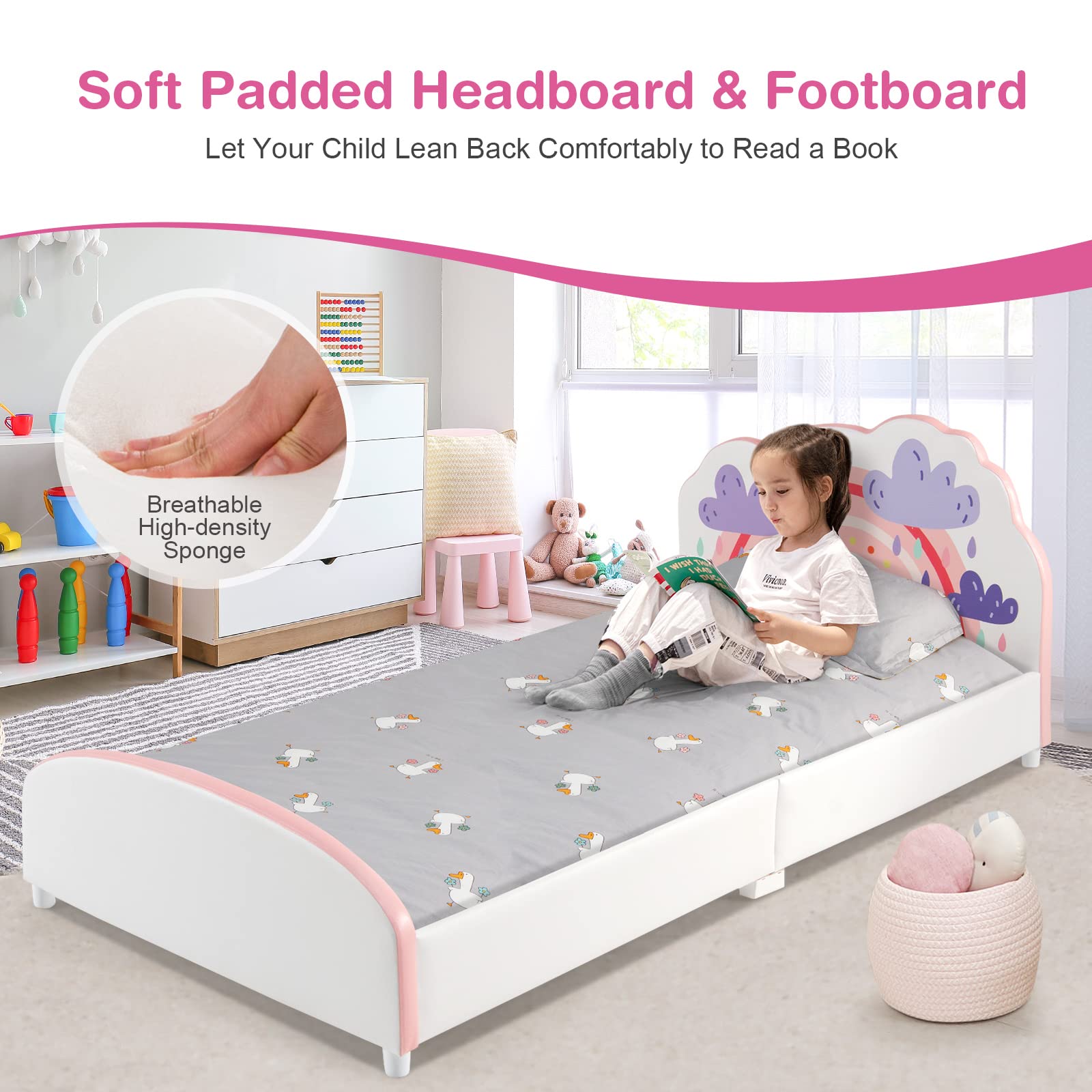 Costzon Twin Bed Frame for Kids - Wood Upholstered Platform Bed with Slat Support, Padded Headboard & Footboard - No Box Spring Needed - Easy Assembly - Fits Standard Twin Mattress (Cloud) - Perfect for Kids' Bedrooms, Guest Rooms & Small Spaces