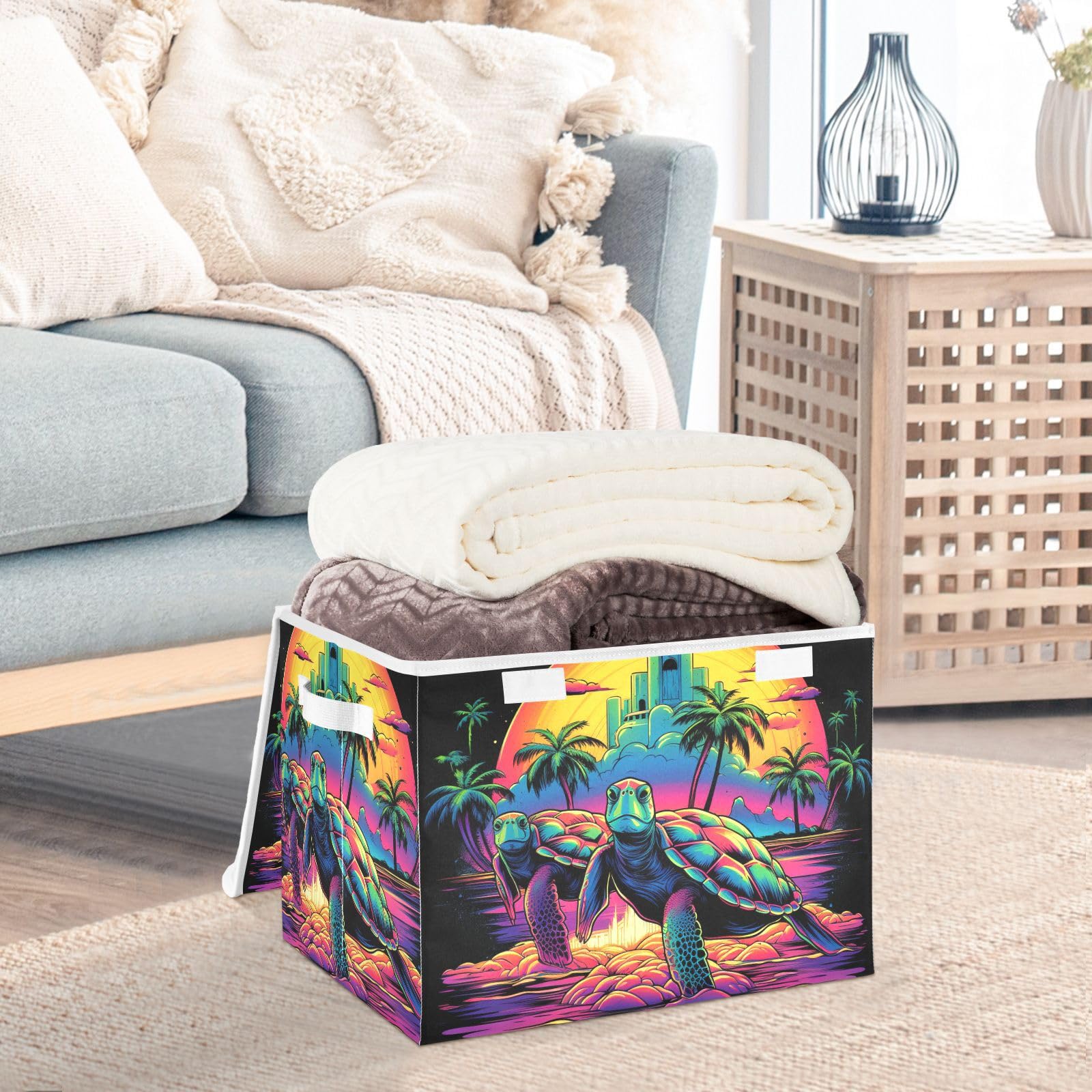Collapsible Storage Bins with Lids - Turtle Pattern Organizing Baskets for Clothes & Home