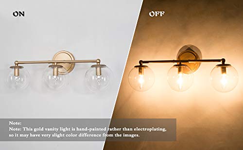 Hand-Painted Gold Bathroom Vanity Light Fixture - 3-Light Modern Bathroom Lighting with Clear Globe Glass Shades, 21.5