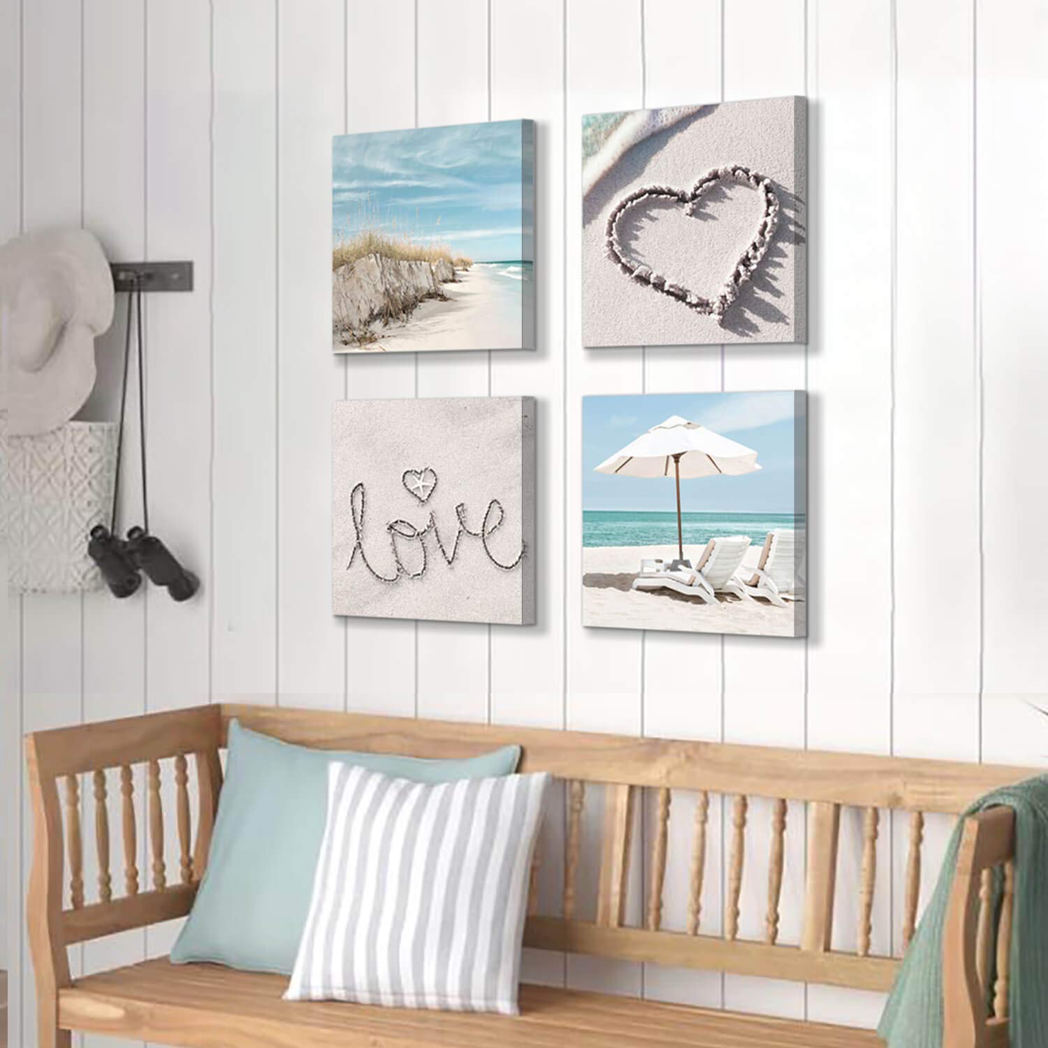 Beach Wall Art Set of 4 - 16x16 Inch Coastal Canvas Prints with Seaside Chairs & Umbrella Decor for Bathroom, Living Room or Bedroom - Multi-Sized Ocean Themed Painting