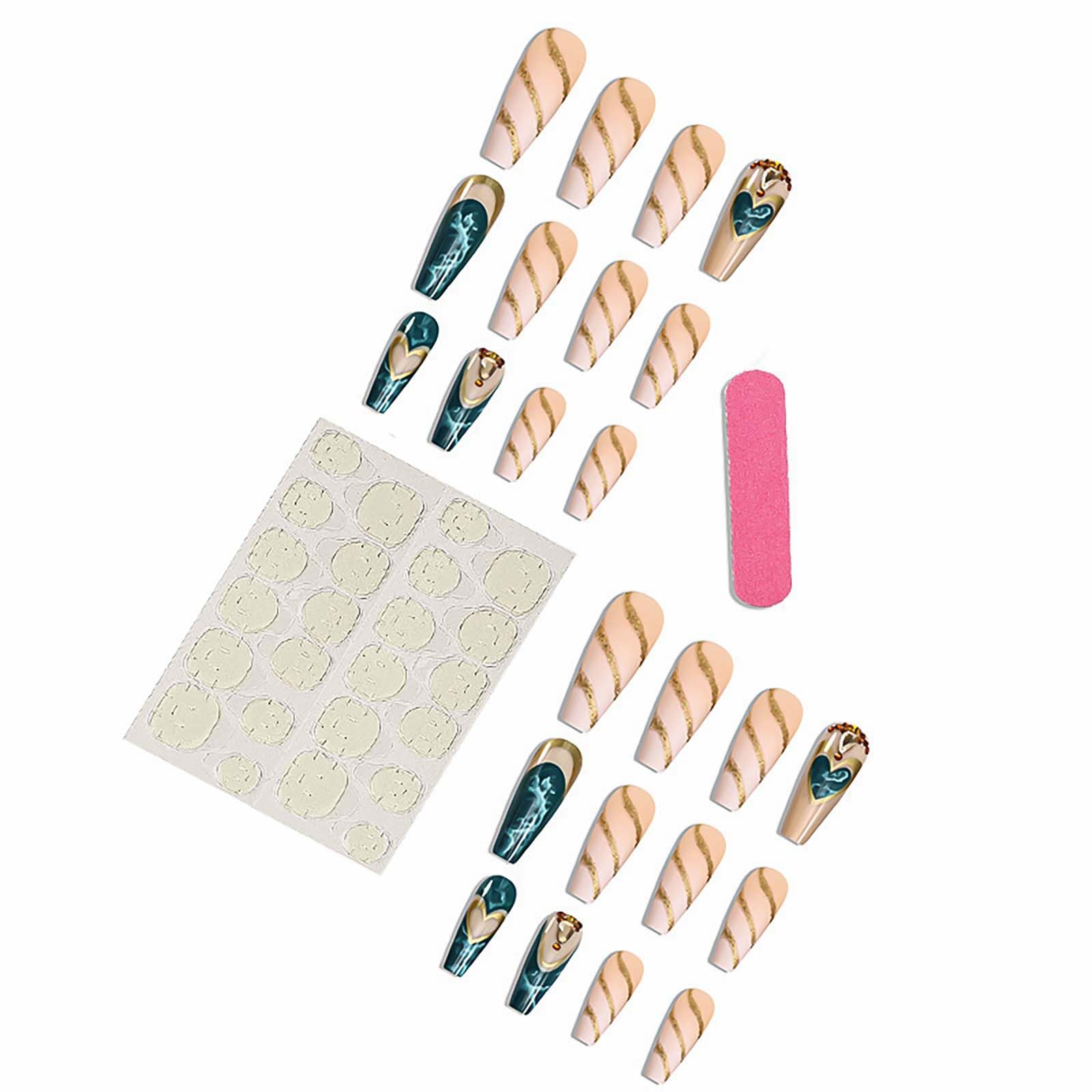 XL Green Press On Nails Extra Long Coffin Fake Nails - 24pcs Full Cover Acrylic Gel Nails with Golden Love Texture Design & Nail Glue - Perfect for Women's Parties, Weddings, and Special Occasions