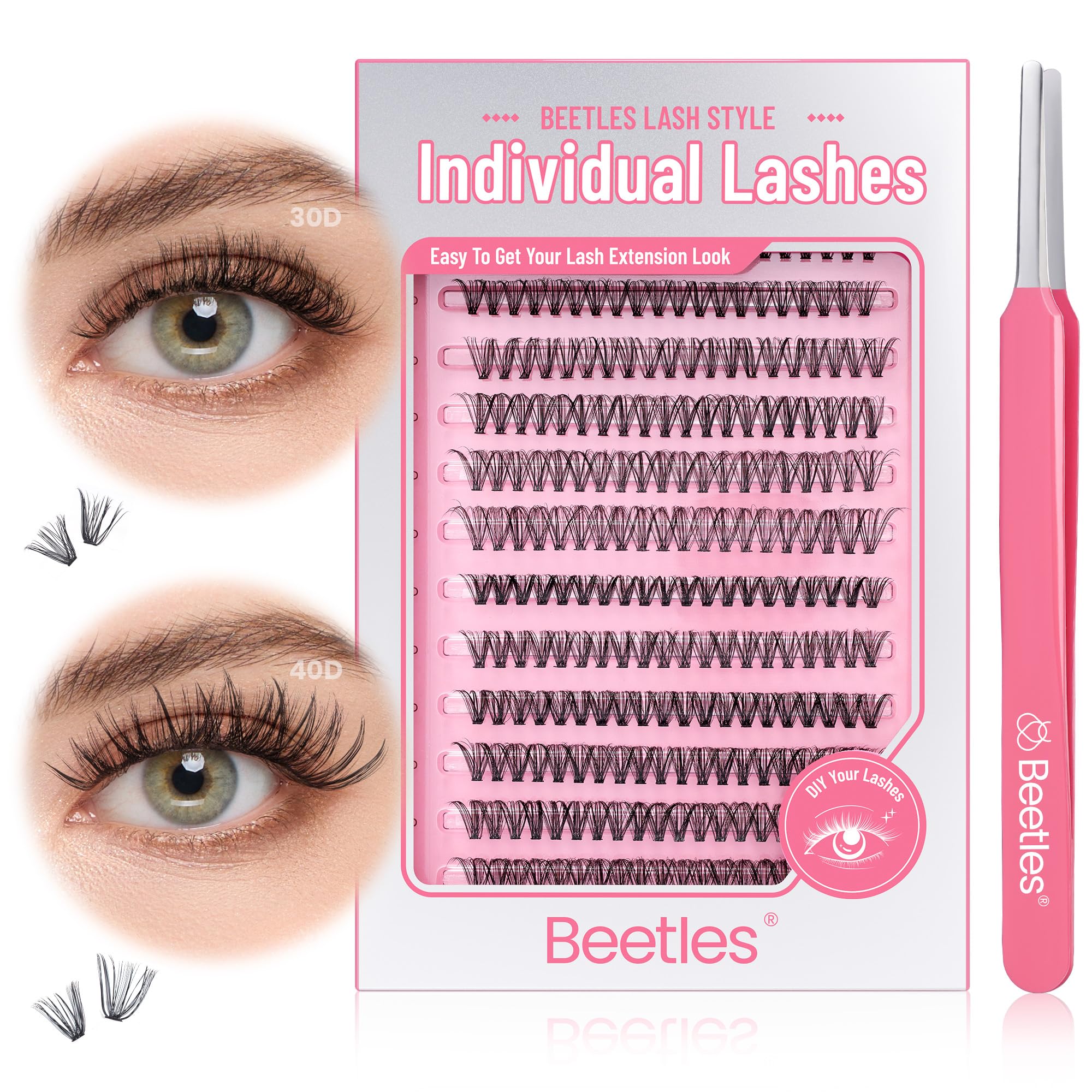 Beetles 30D 40D Eyelash Clusters - 280pcs Individual False Lashes, 10-16mm D Curl DIY Wispy Cluster Lashes for Natural Volume & Fluffy Look - Perfect for Lash Extensions, Salon Use, Bridal Makeup & Daily Wear (C026)