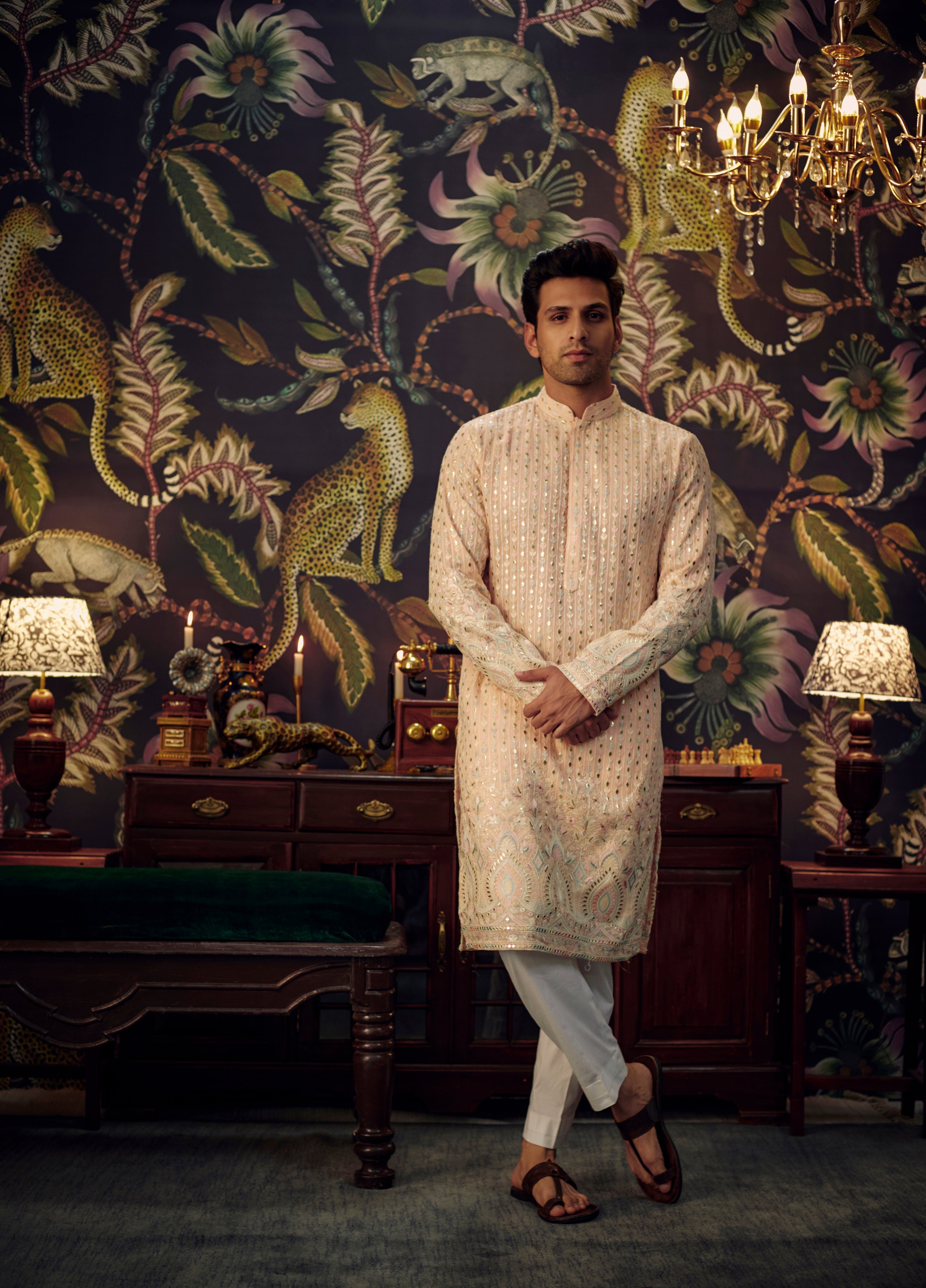 Elegant Powder Pink Chikankari Kurta with Intricate Multi-Thread Embroidery & Detailed Ghera - Perfect for Festivals, Weddings & Ethnic Occasions