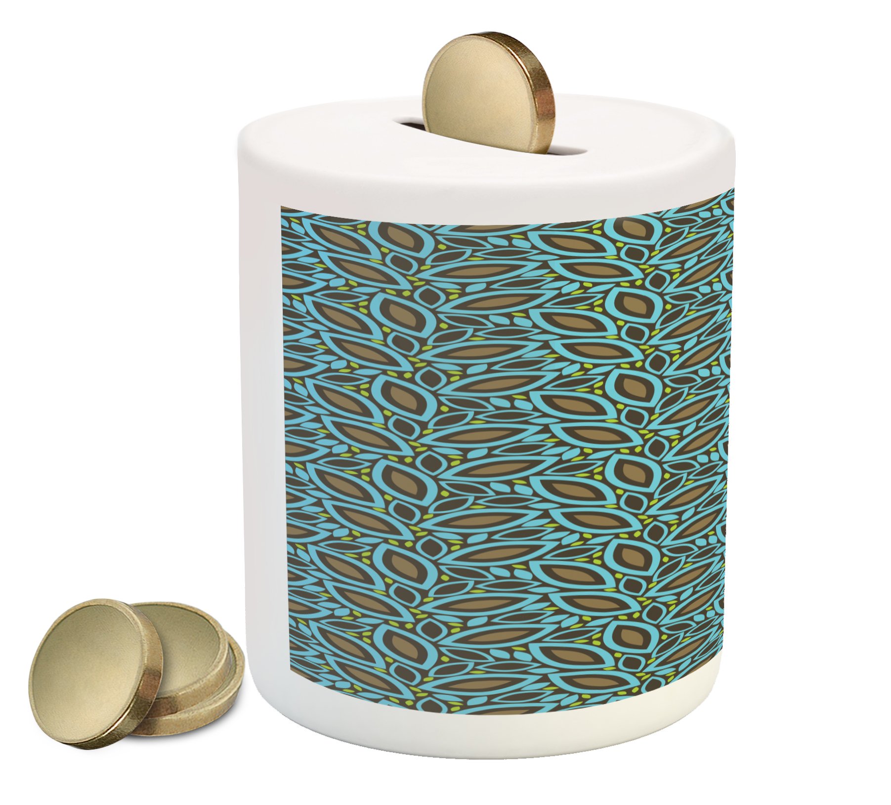 Ambesonne Ceramic Piggy Bank with Foliage Pattern - Retro Plant Silhouette Design for Spring, Taupe Blue Green Money Box for Cash Savings | Perfect Gift for Kids, Home Decor & Coin Collection