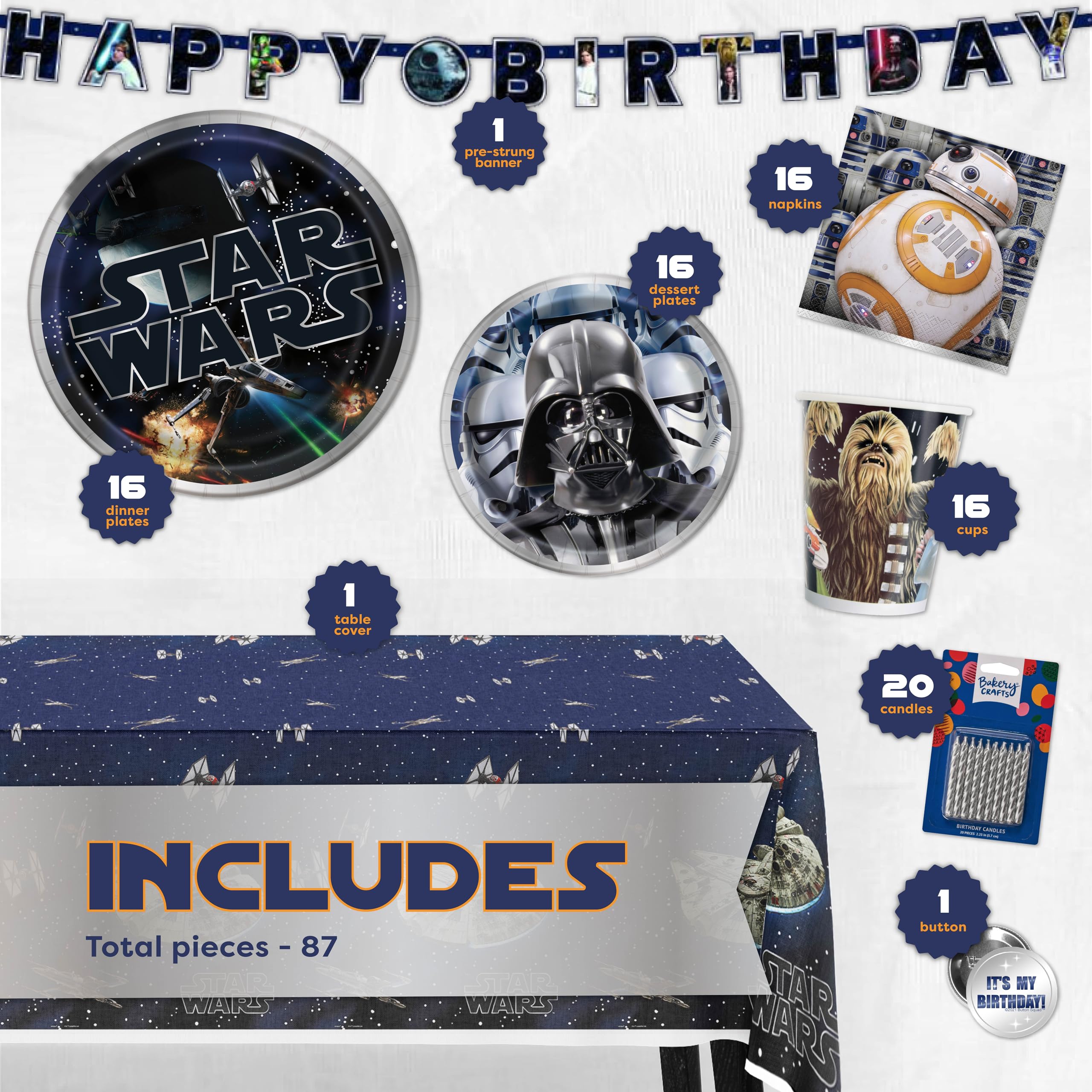 Star Wars Birthday Party Supplies Set for 16 Guests - Table Cover, Banner, Large Dinner Plates, Small Cake Plates, Cups, Napkins & Candles - Perfect for Themed Birthday Parties, Baby Showers & Movie Nights