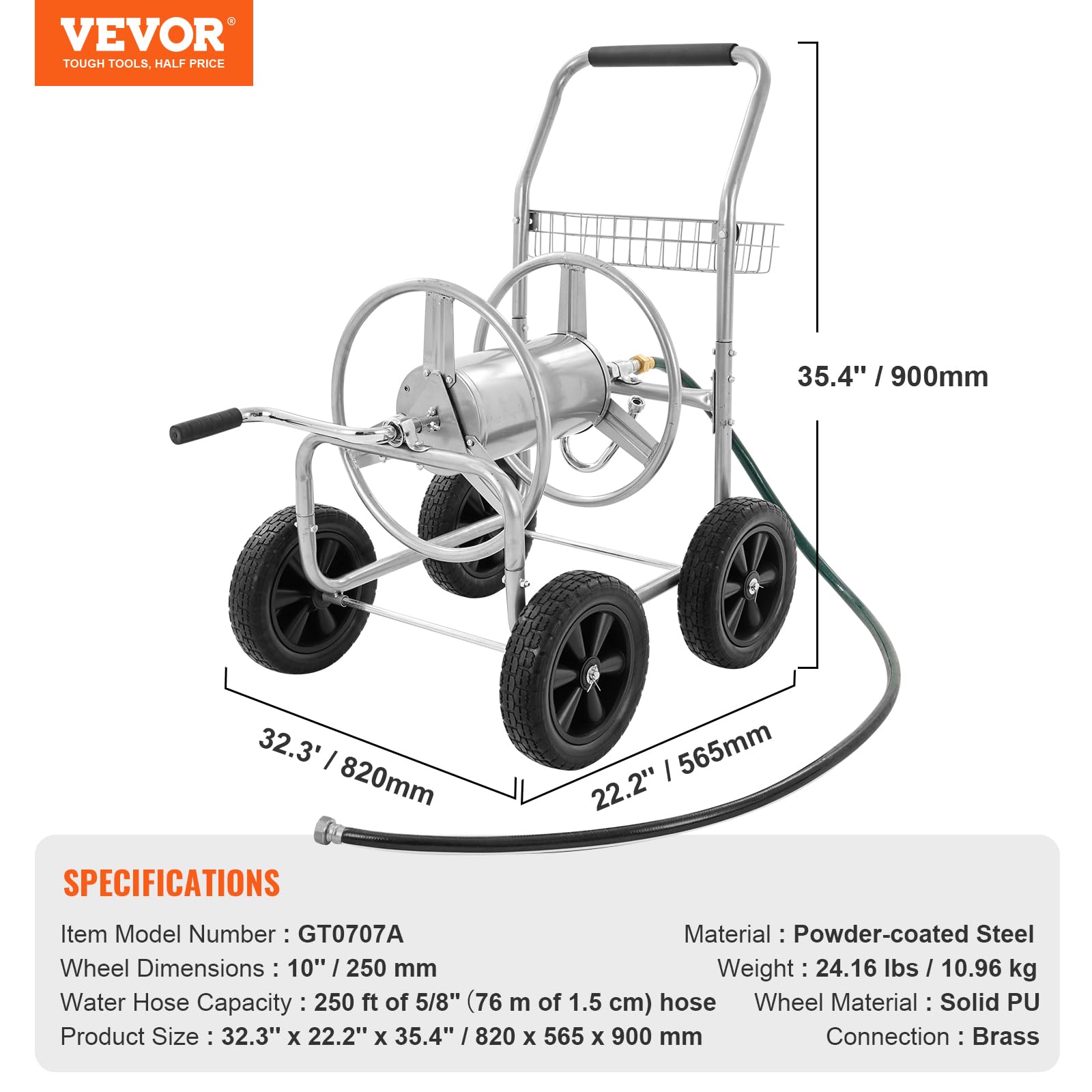 VEVOR Heavy Duty 250 ft Hose Reel Cart with 4 Wheels & Storage Basket - 5/8