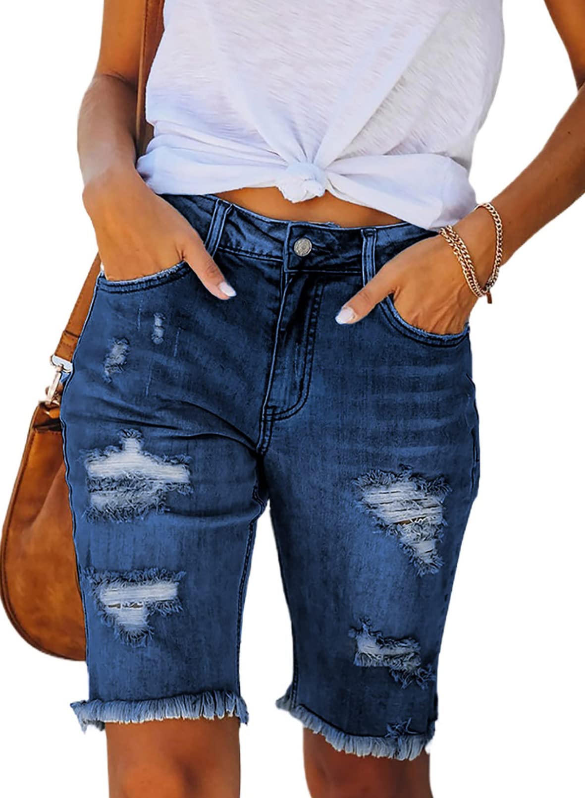 Sidefeel Women's Bermuda Denim Shorts - Distressed Raw Hem Jeans Shorts for Casual Wear, Summer Outfits & Beach Vacations
