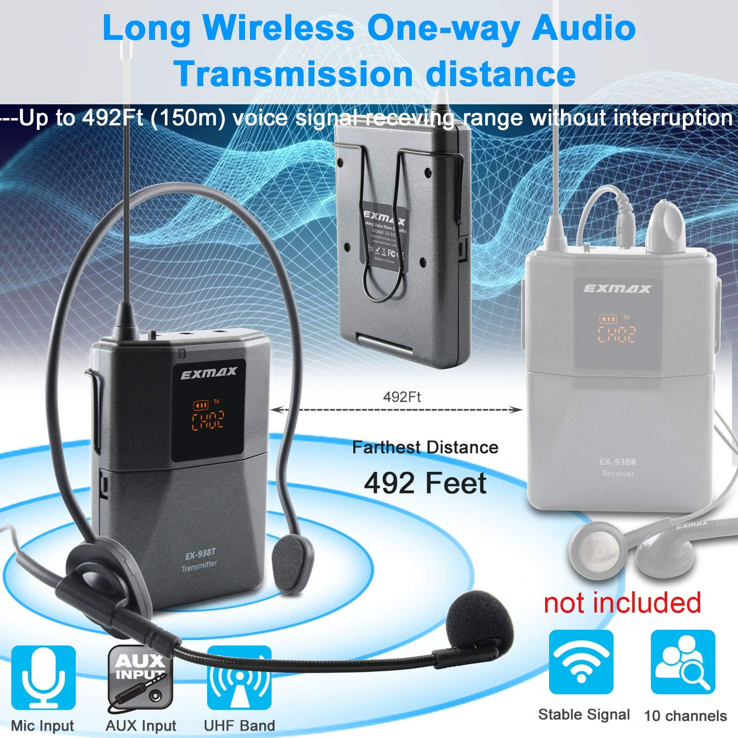 EXMAX EX-938 UHF Wireless Headset Microphone System - Tour Guide, Interpreter, Translator Device with In-Ear Monitoring for Church, Conference & Simultaneous Interpretation (UHF-938-Single Transmitter) | Perfect for Multilingual Events, Religious Services & International Meetings