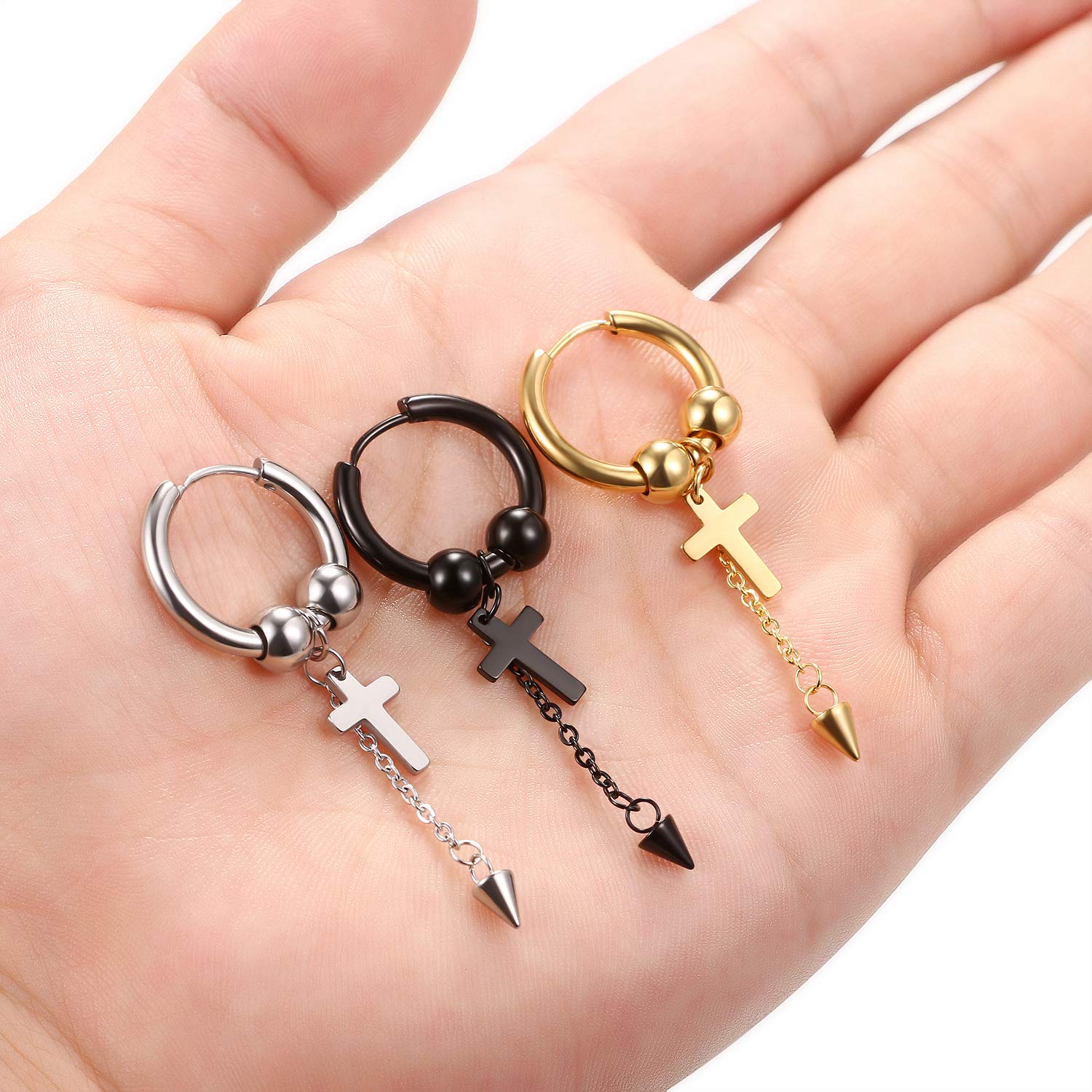 Cupimatch 3 Pairs Cross Dangle Hoop Earrings Set for Men & Women - Punk Cone Tassel Stainless Steel Huggie Hoop Earrings for Pierced Ears | Gothic Jewelry for Parties, Concerts & Everyday Wear