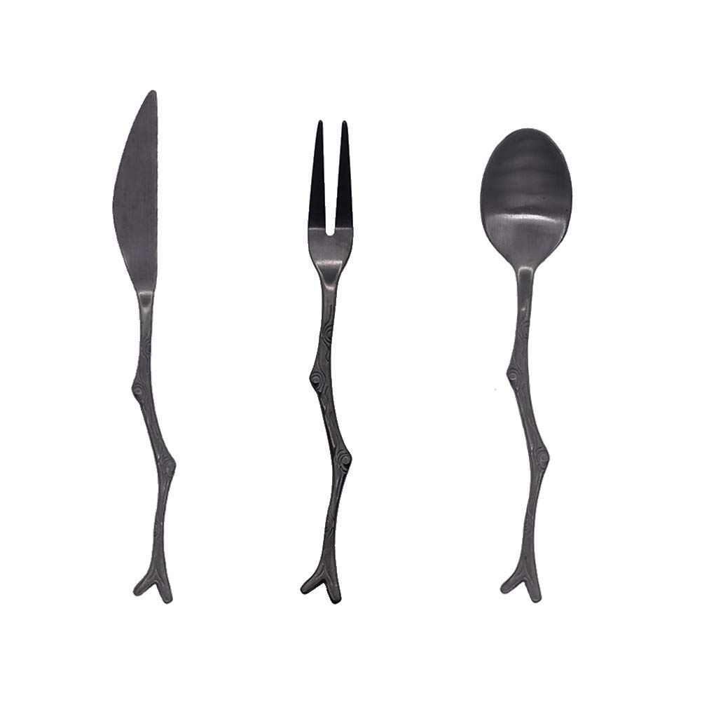 Cabilock 3-Piece Stainless Steel Flatware Set - Steak Forks, Espresso Spoons & Serving Forks - Elegant Antique Black Silverware for Dining, Coffee & Fruit Serving - Perfect for Restaurants, Dinner Parties & Home Entertaining